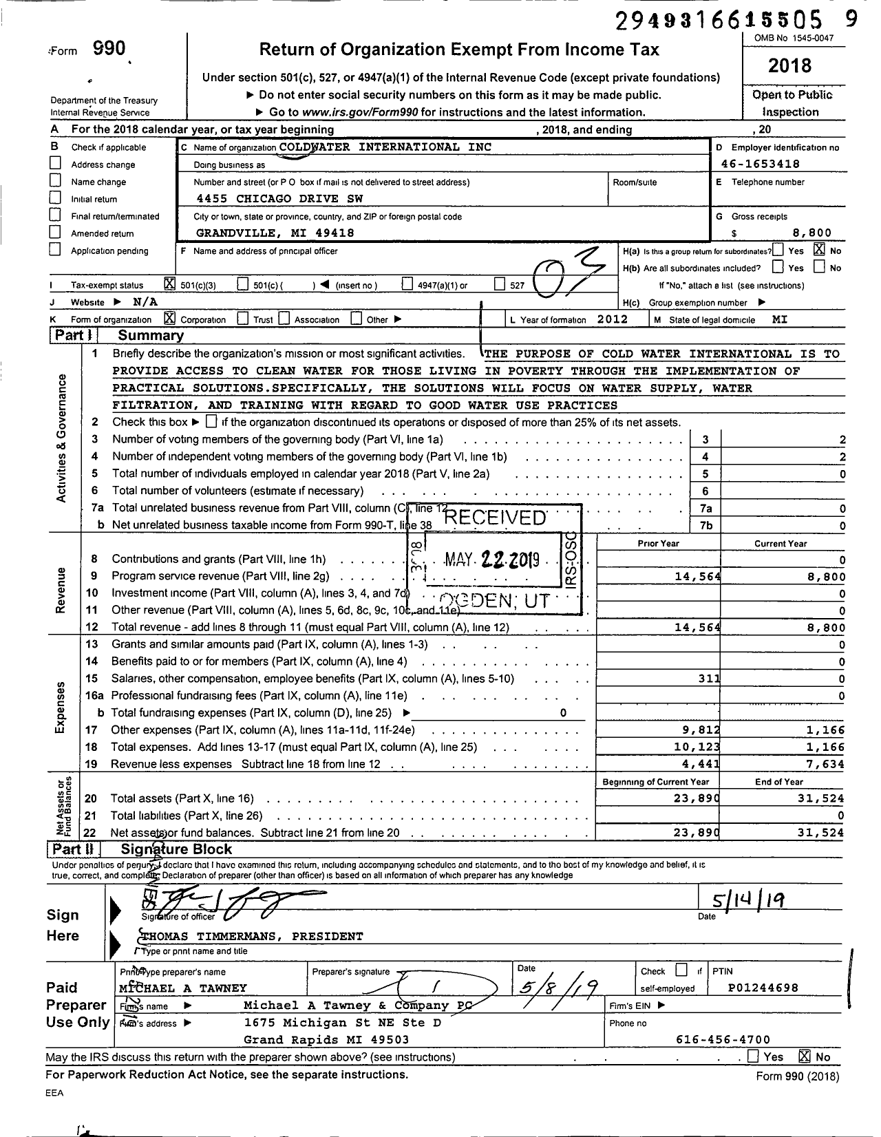 Image of first page of 2018 Form 990 for Cold Water International