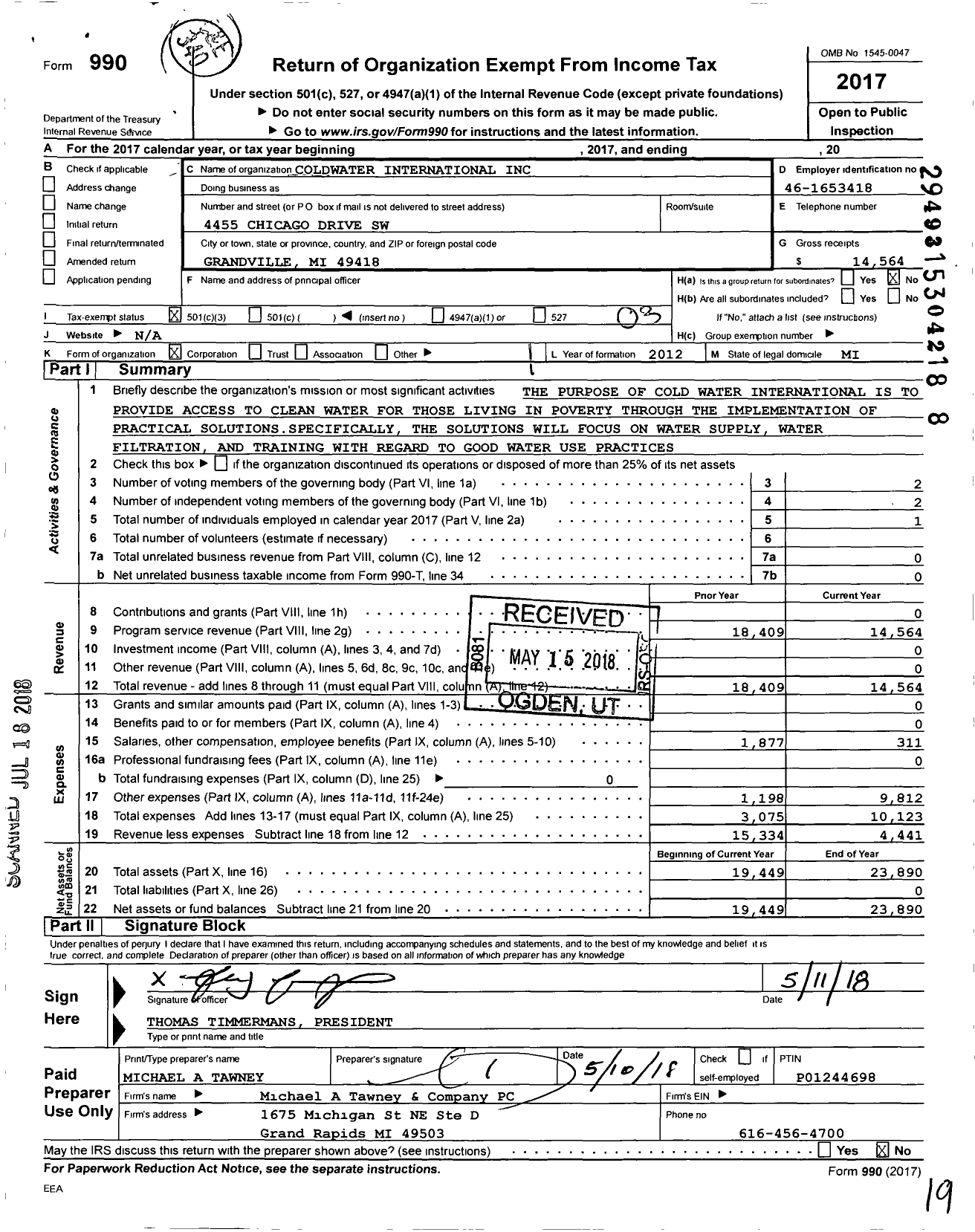 Image of first page of 2017 Form 990 for Cold Water International