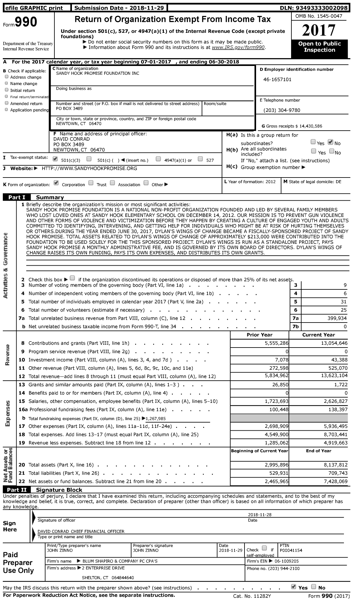 Image of first page of 2017 Form 990 for Sandy Hook Promise Foundation