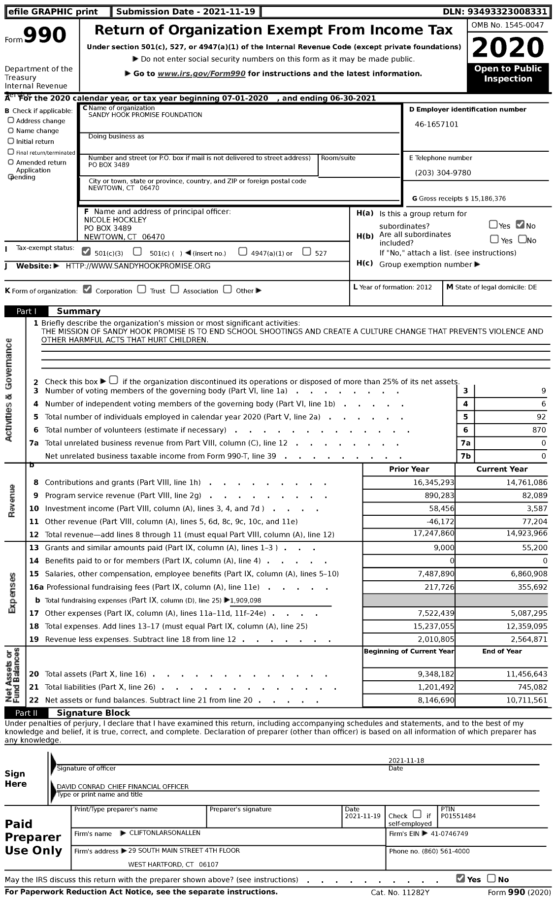 Image of first page of 2020 Form 990 for Sandy Hook Promise Foundation