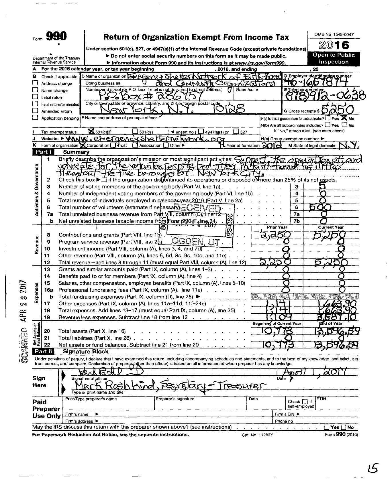 Image of first page of 2016 Form 990 for Emergency Shelter Network of Faith-Based Organizations