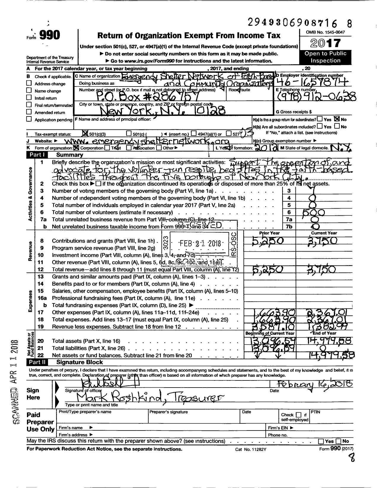 Image of first page of 2017 Form 990 for Emergency Shelter Network of Faith-Based Organizations