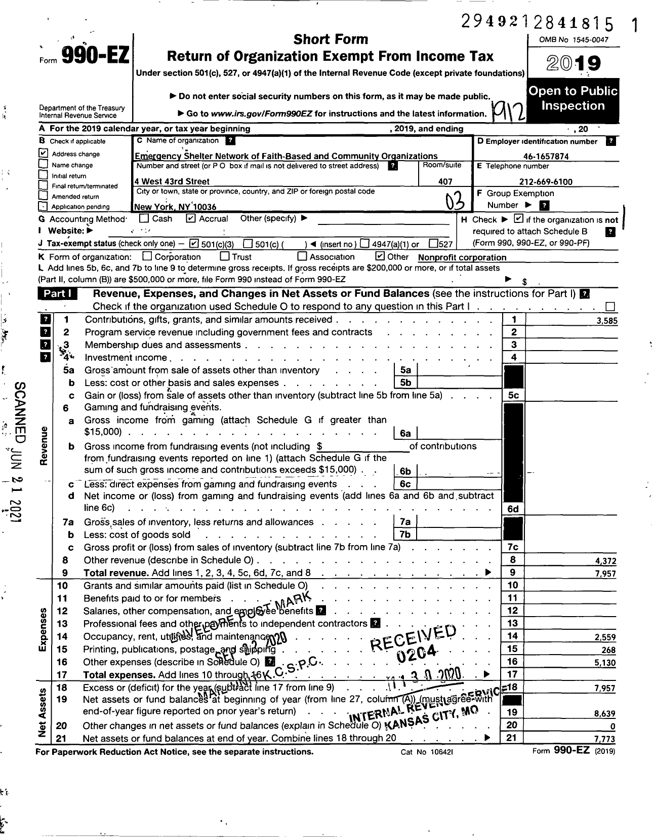 Image of first page of 2019 Form 990EZ for Emergency Shelter Network of Faith-Based Organizations