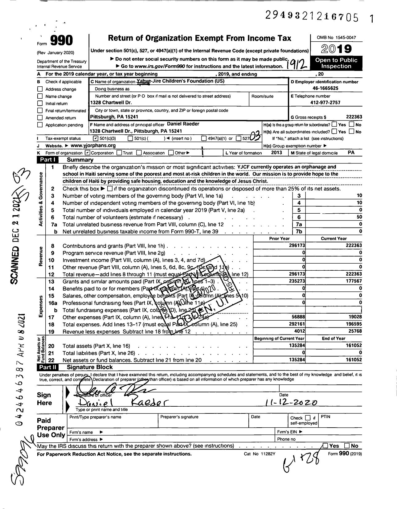 Image of first page of 2019 Form 990 for Yahve-Jire Children's Foundation-Us