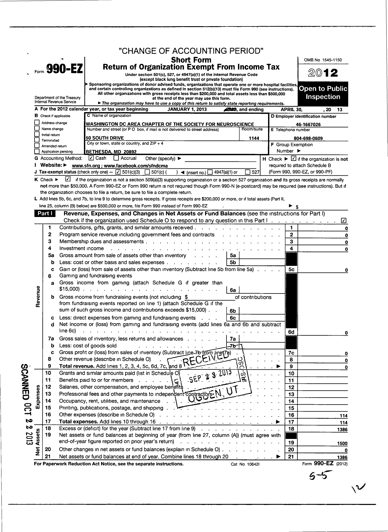 Image of first page of 2012 Form 990EZ for Society for Neuroscience / Washington DC Metro Area Chapter