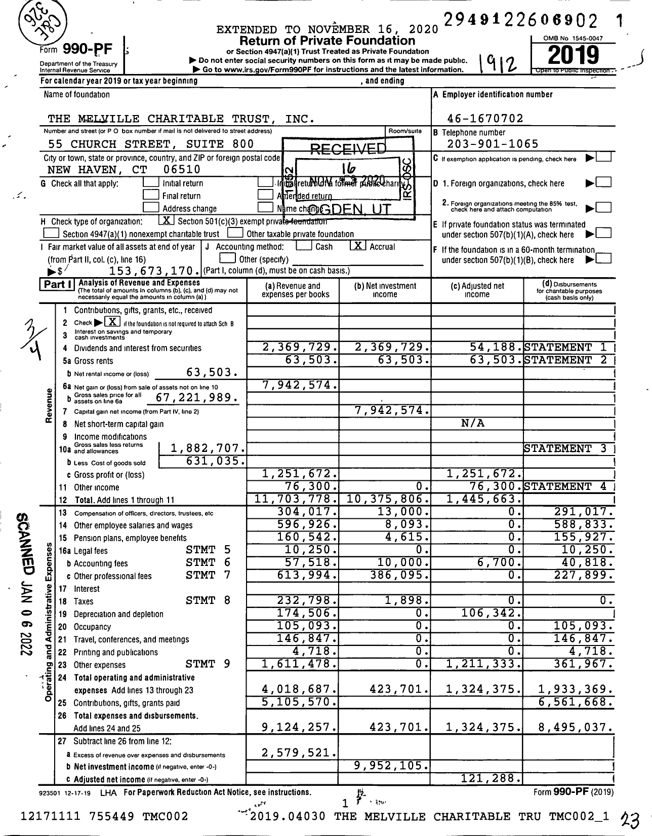 Image of first page of 2019 Form 990PF for The Melville Charitable Trust