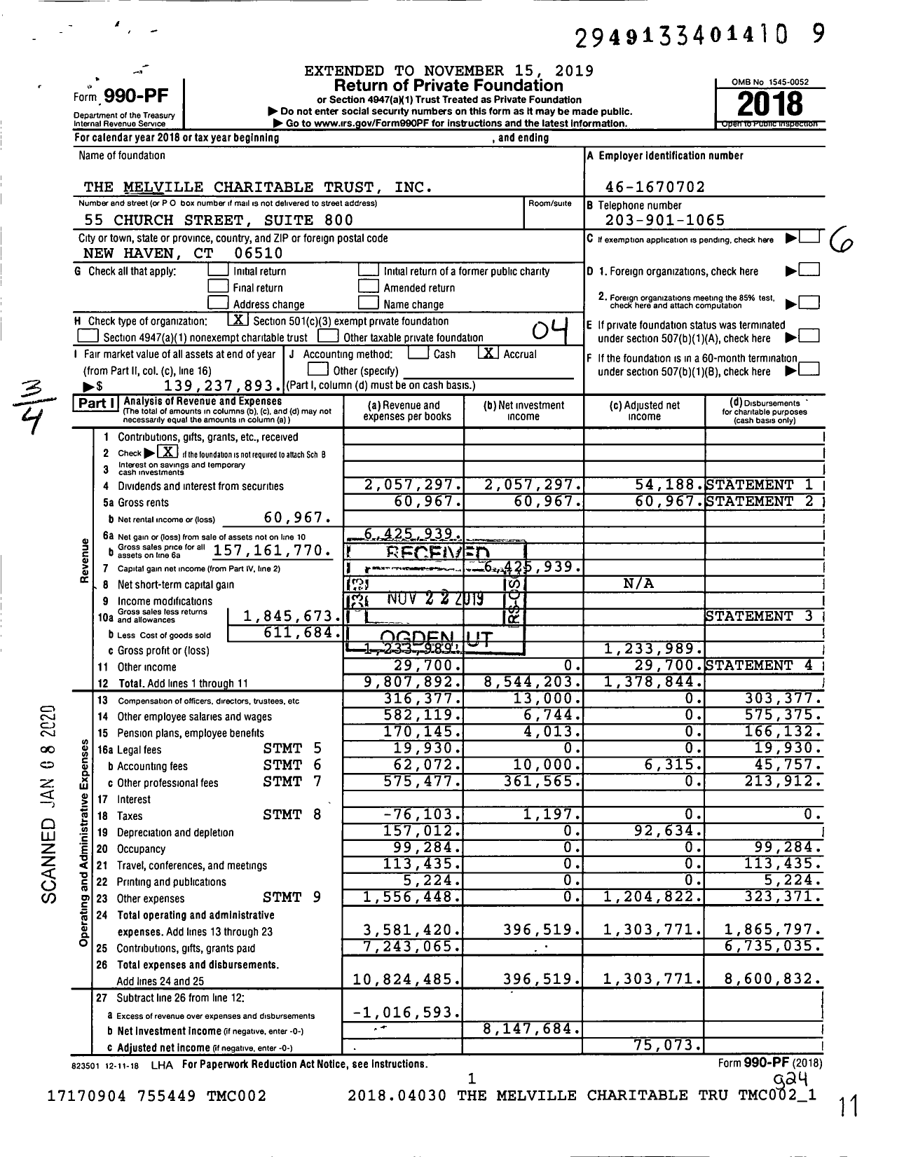 Image of first page of 2018 Form 990PF for The Melville Charitable Trust