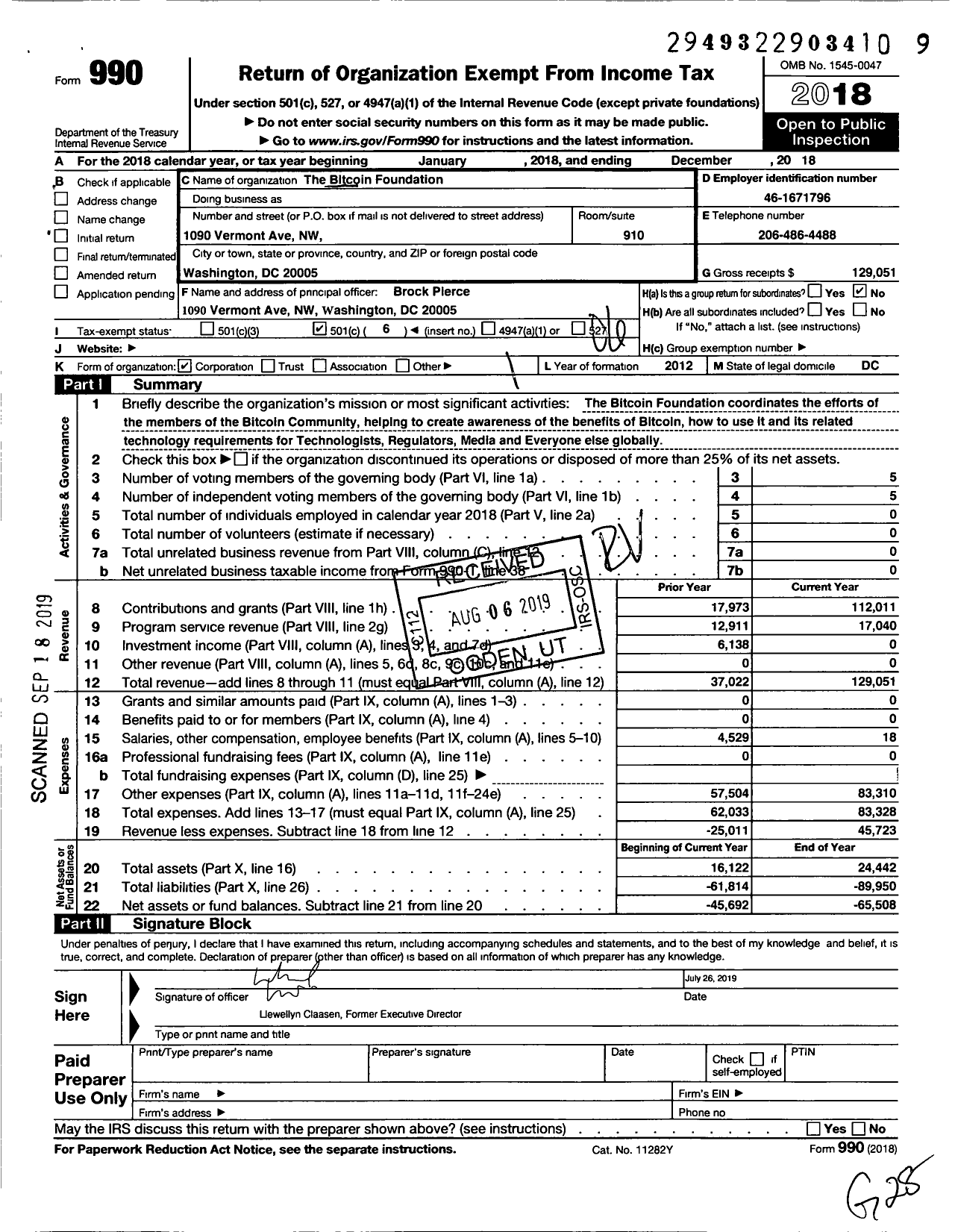 Image of first page of 2018 Form 990O for Bitcoin Foundation Incorporated