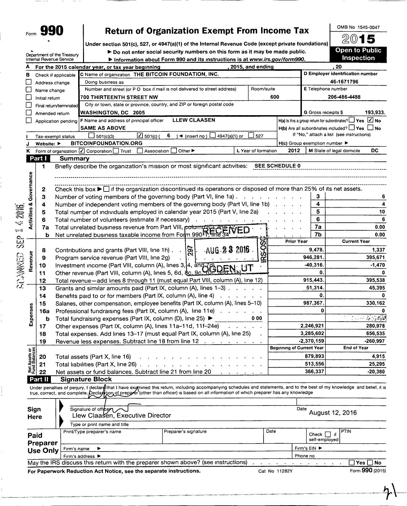 Image of first page of 2015 Form 990O for Bitcoin Foundation Incorporated