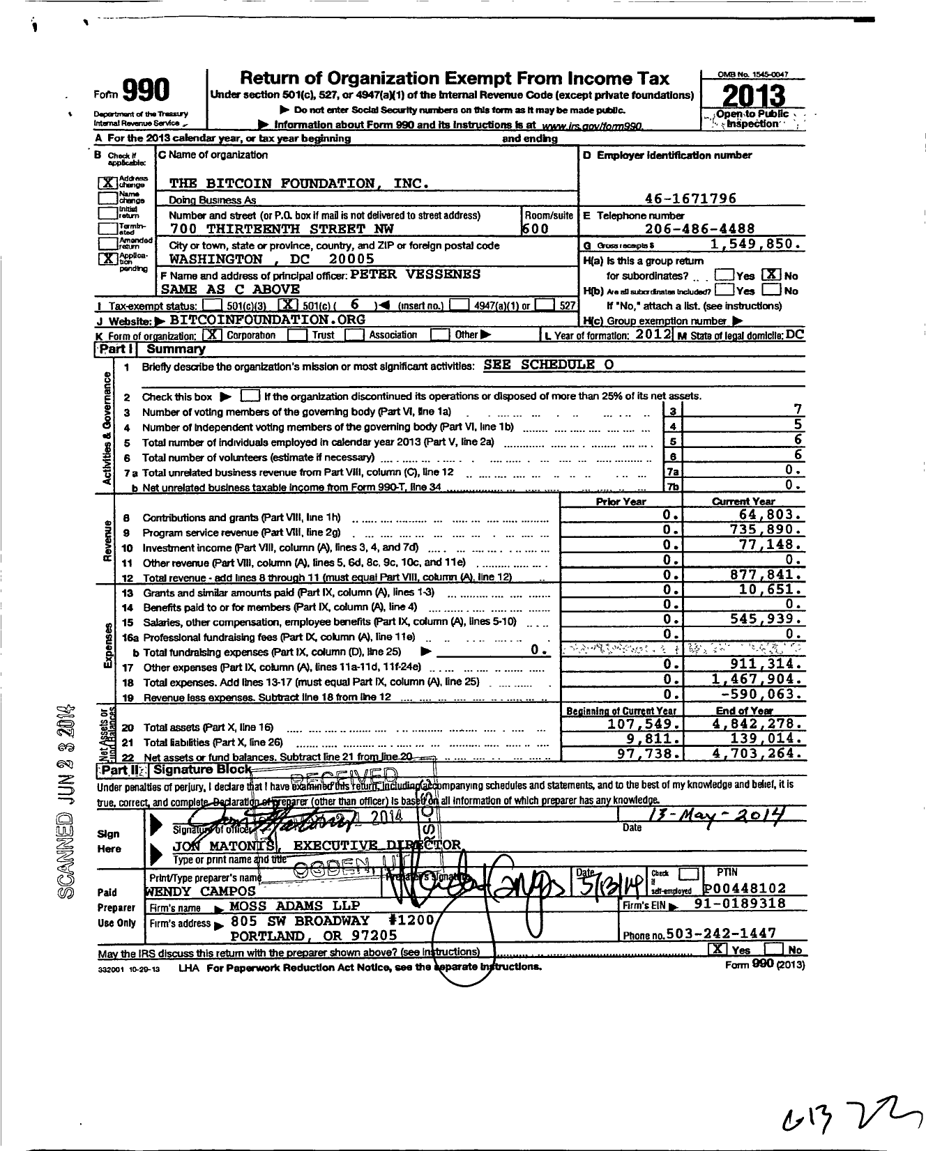 Image of first page of 2013 Form 990O for Bitcoin Foundation Incorporated