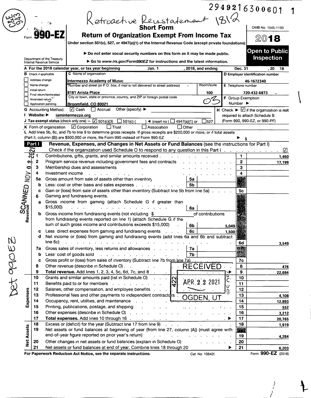 Image of first page of 2018 Form 990EZ for Intermezzo Academy of Music LLC