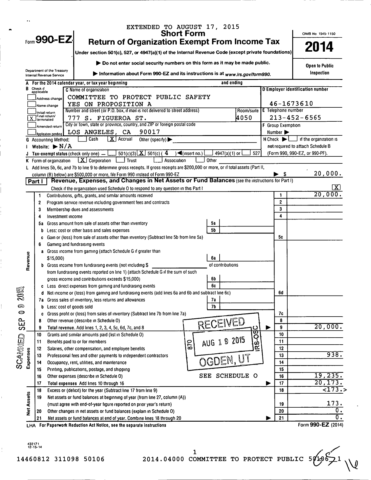 Image of first page of 2014 Form 990EO for Committee To Protect Public Safety Yes on Proposition A