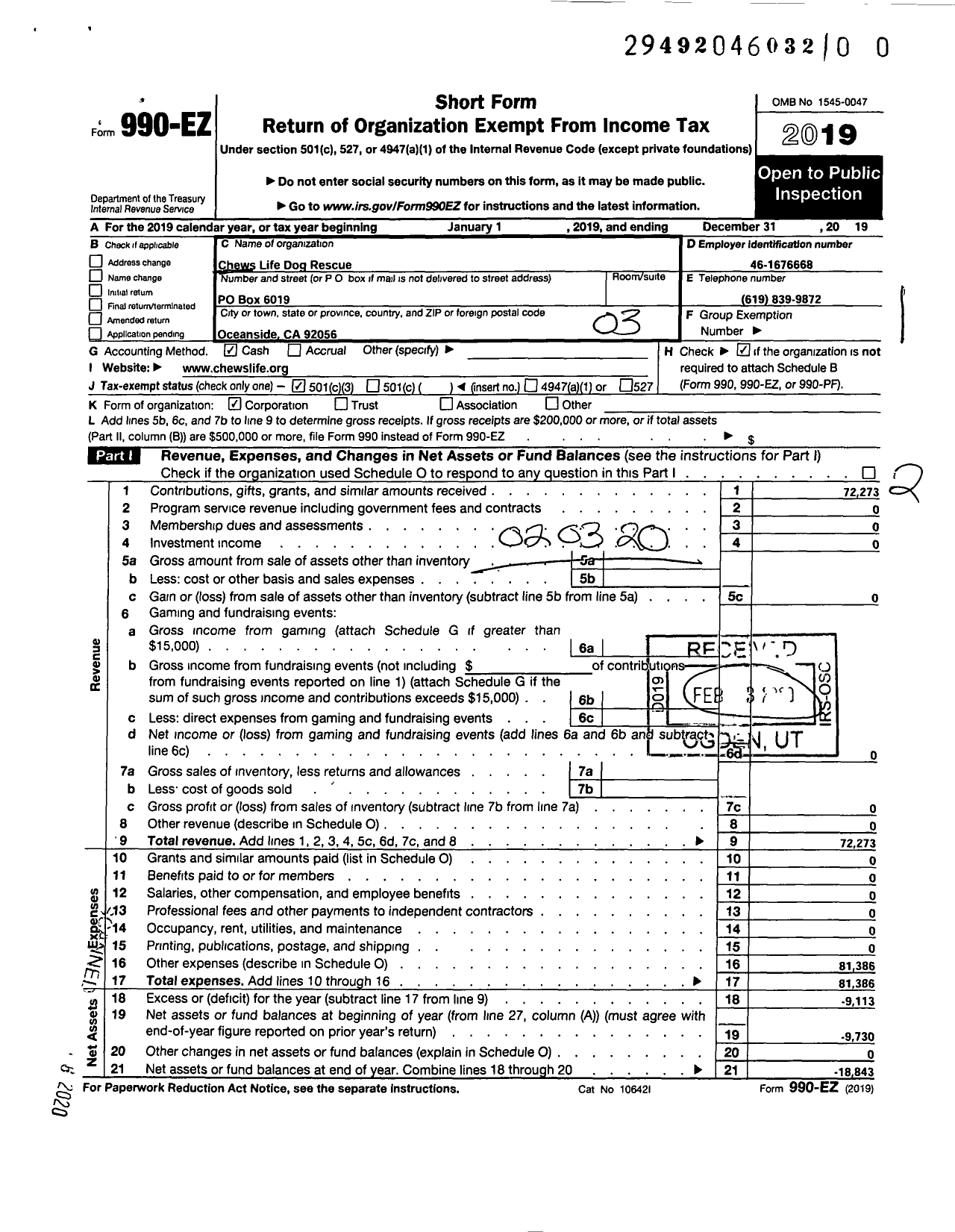 Image of first page of 2019 Form 990EZ for Chews Life Dog Rescue