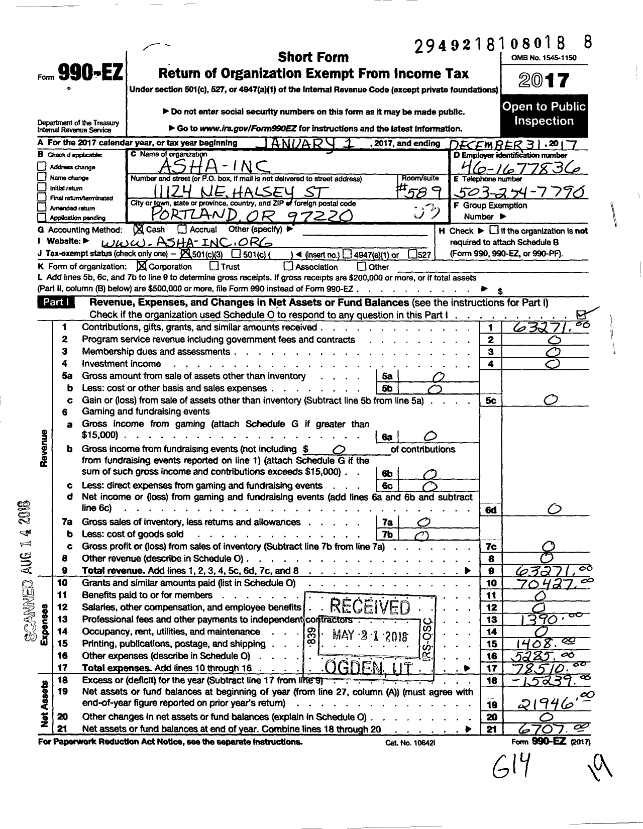 Image of first page of 2017 Form 990EZ for Asha