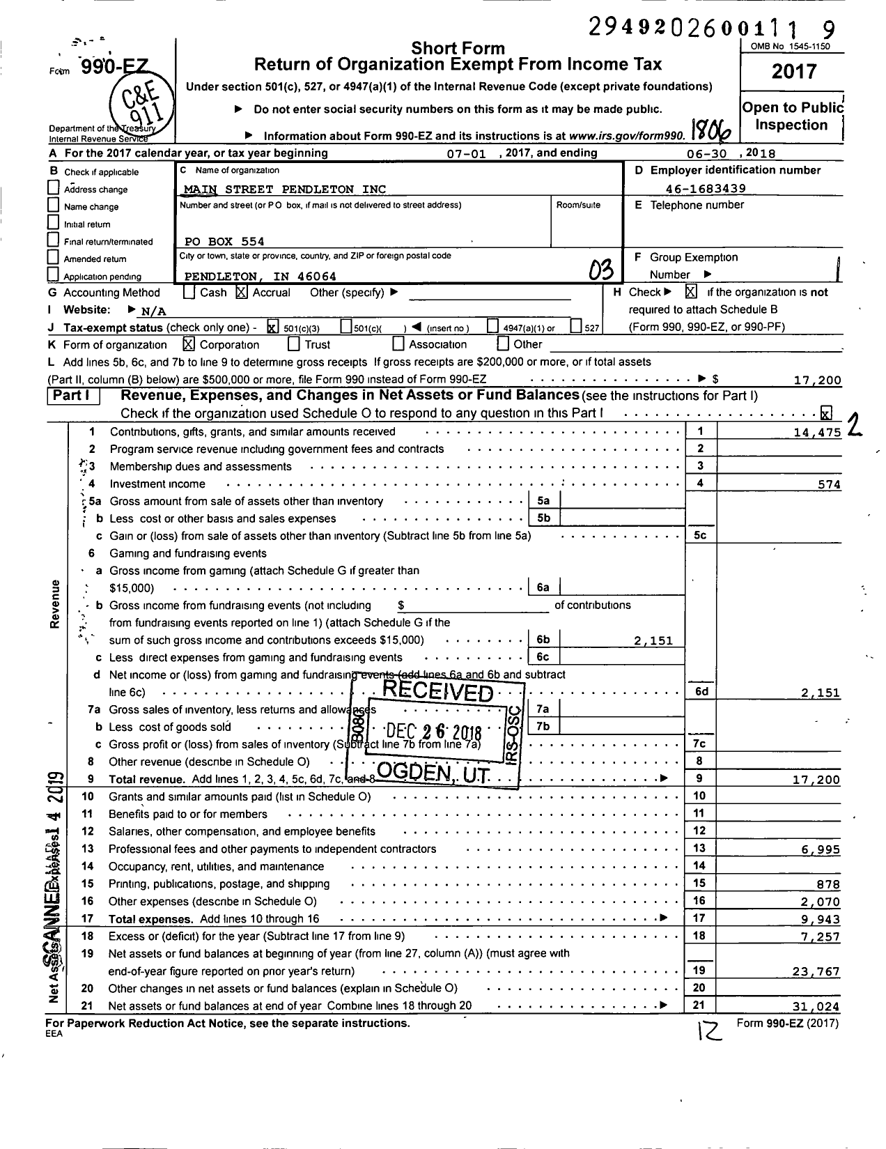 Image of first page of 2017 Form 990EZ for Main Street Pendleton