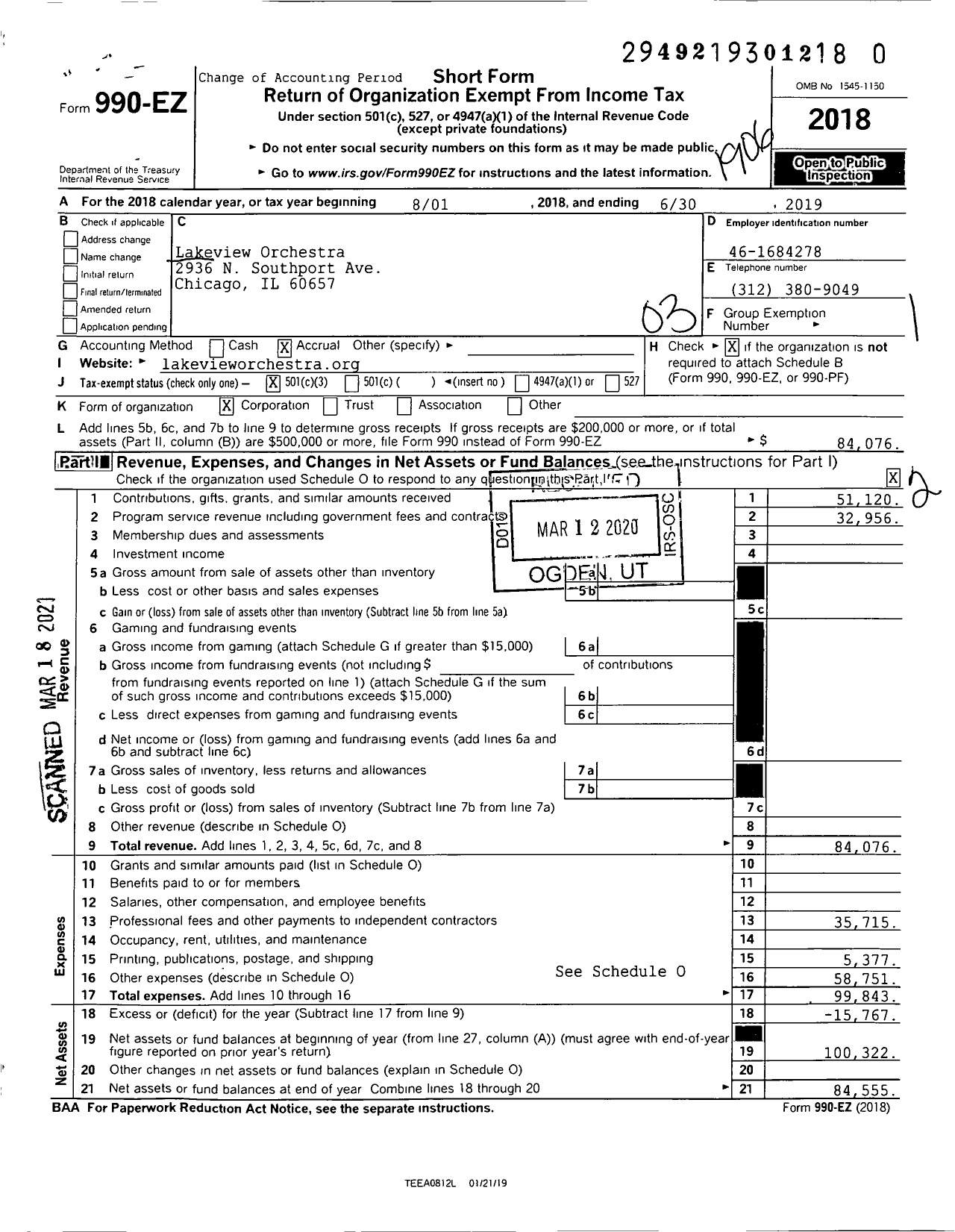 Image of first page of 2018 Form 990EZ for Lakeview Orchestra