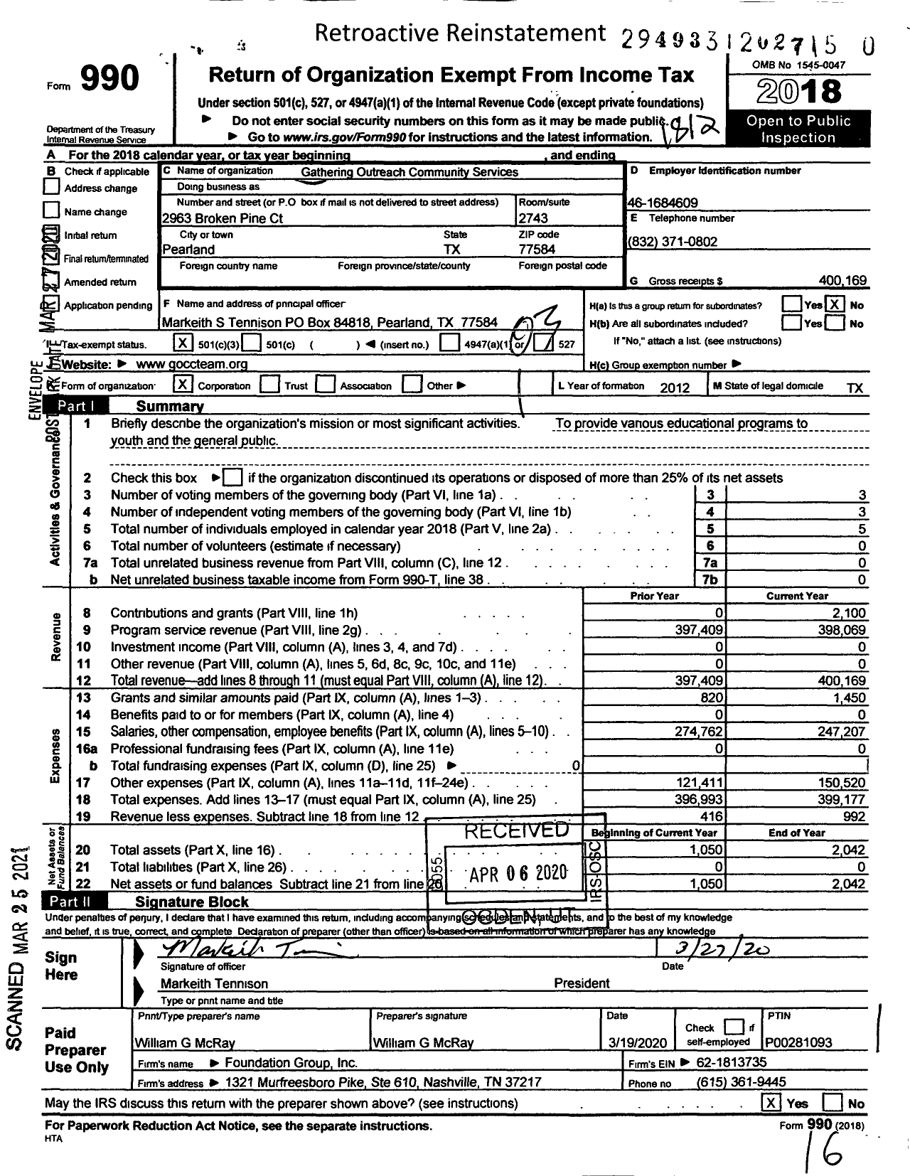 Image of first page of 2018 Form 990 for Gathering Outreach Community Services