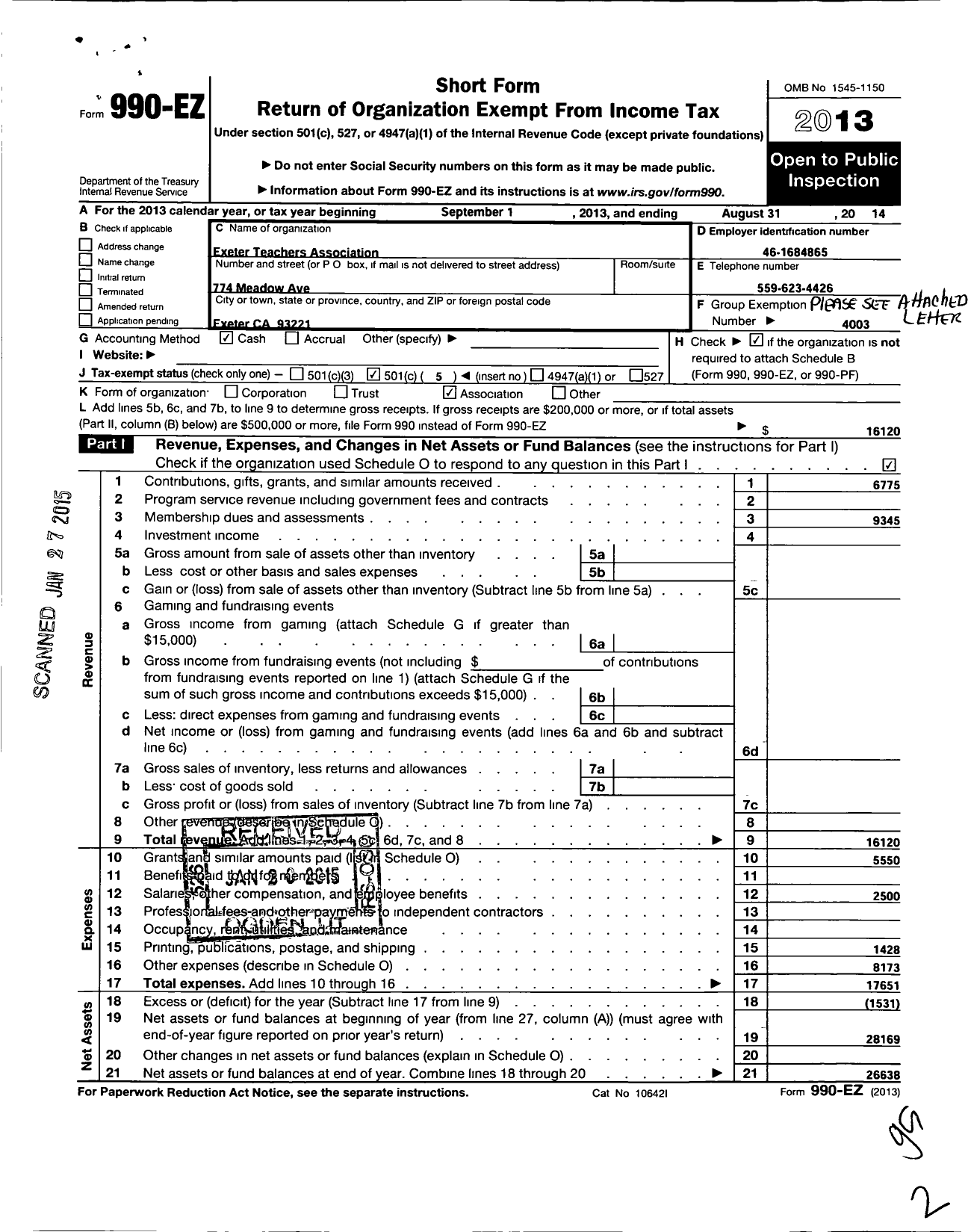 Image of first page of 2013 Form 990EO for California Teachers Association - Exeter Teachers Association