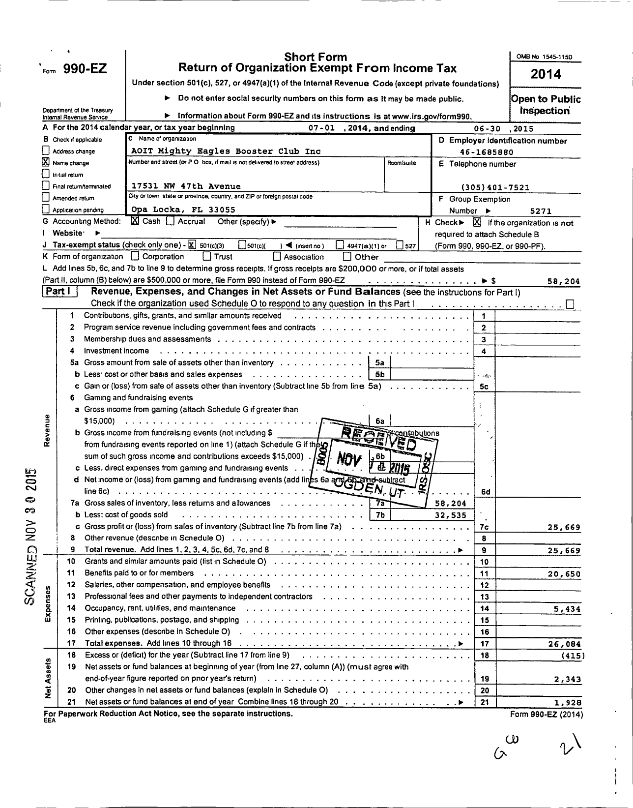 Image of first page of 2014 Form 990EZ for Turner Tech AITE Student Booster CL