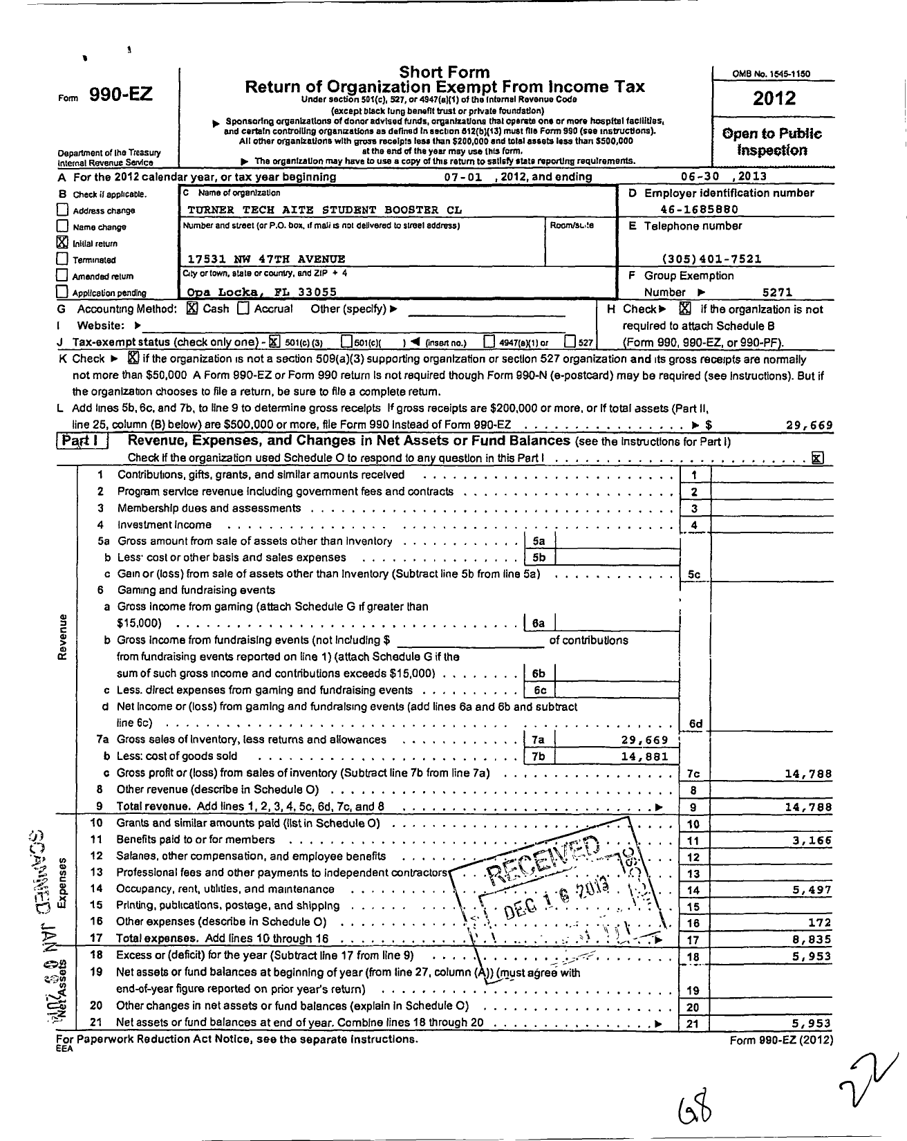 Image of first page of 2012 Form 990EZ for Turner Tech AITE Student Booster CL