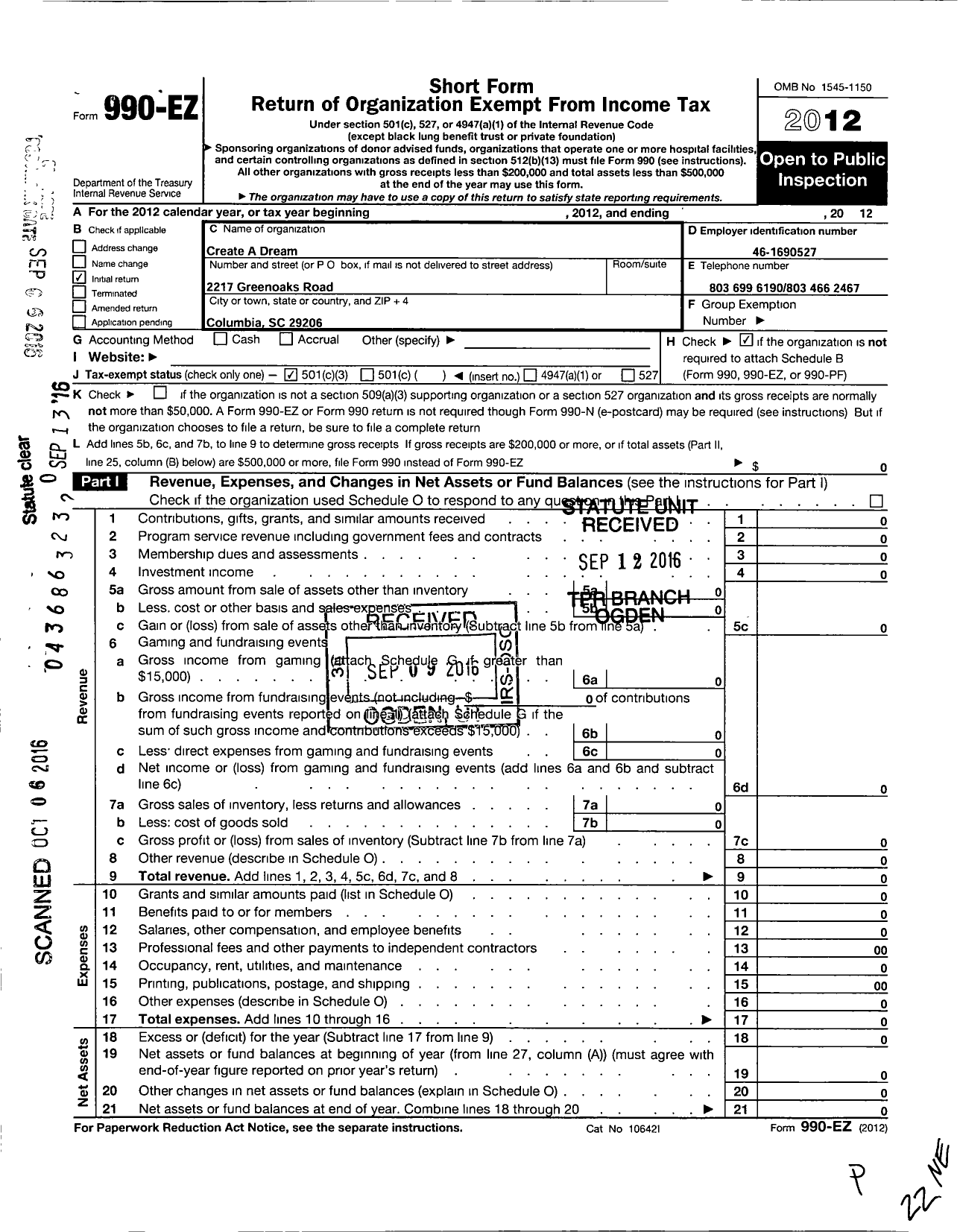 Image of first page of 2012 Form 990EZ for Create A Dream