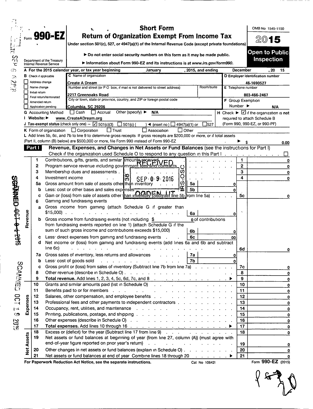 Image of first page of 2015 Form 990EZ for Create A Dream