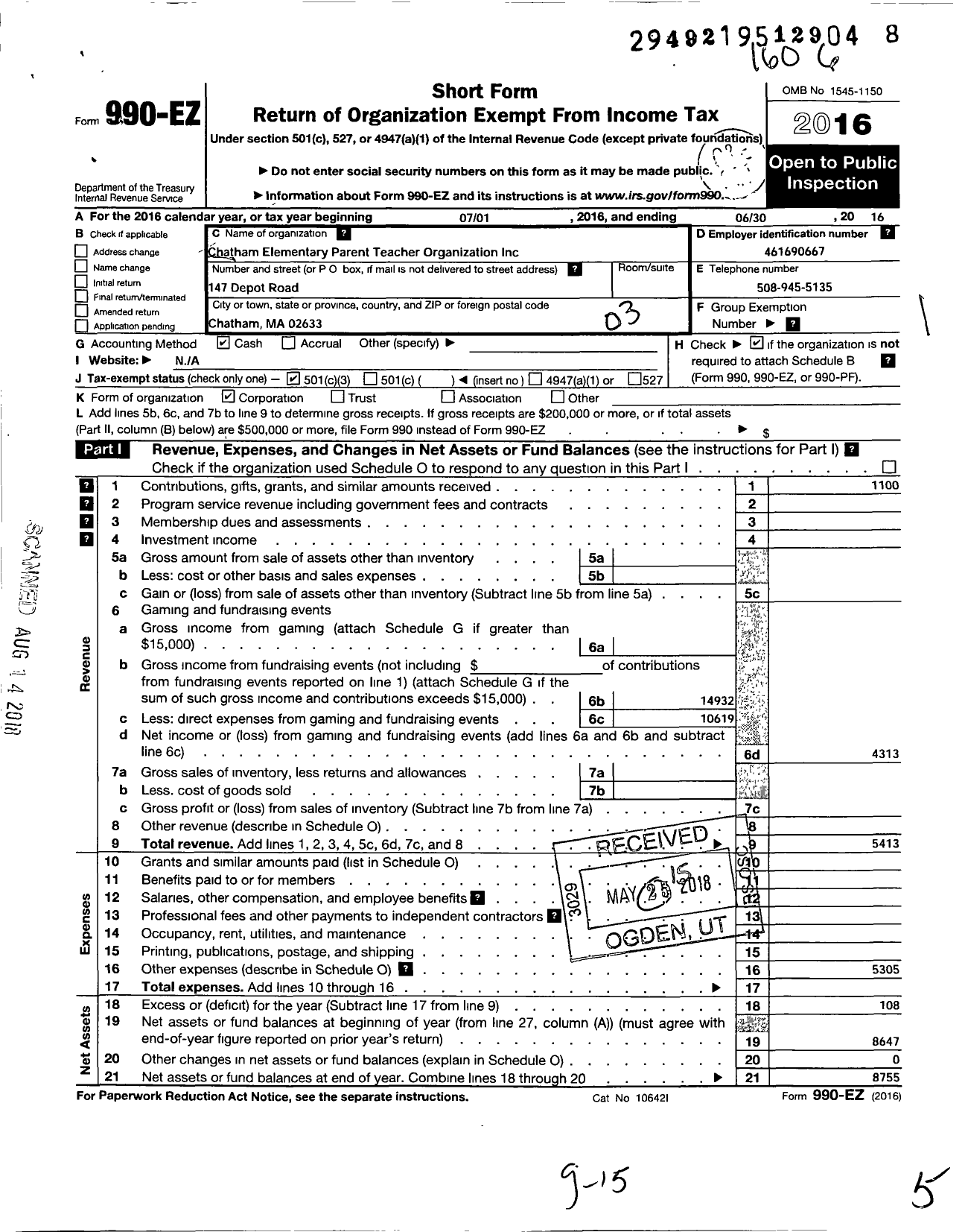 Image of first page of 2016 Form 990EZ for Chatham Elementary Parent Teacher Organization