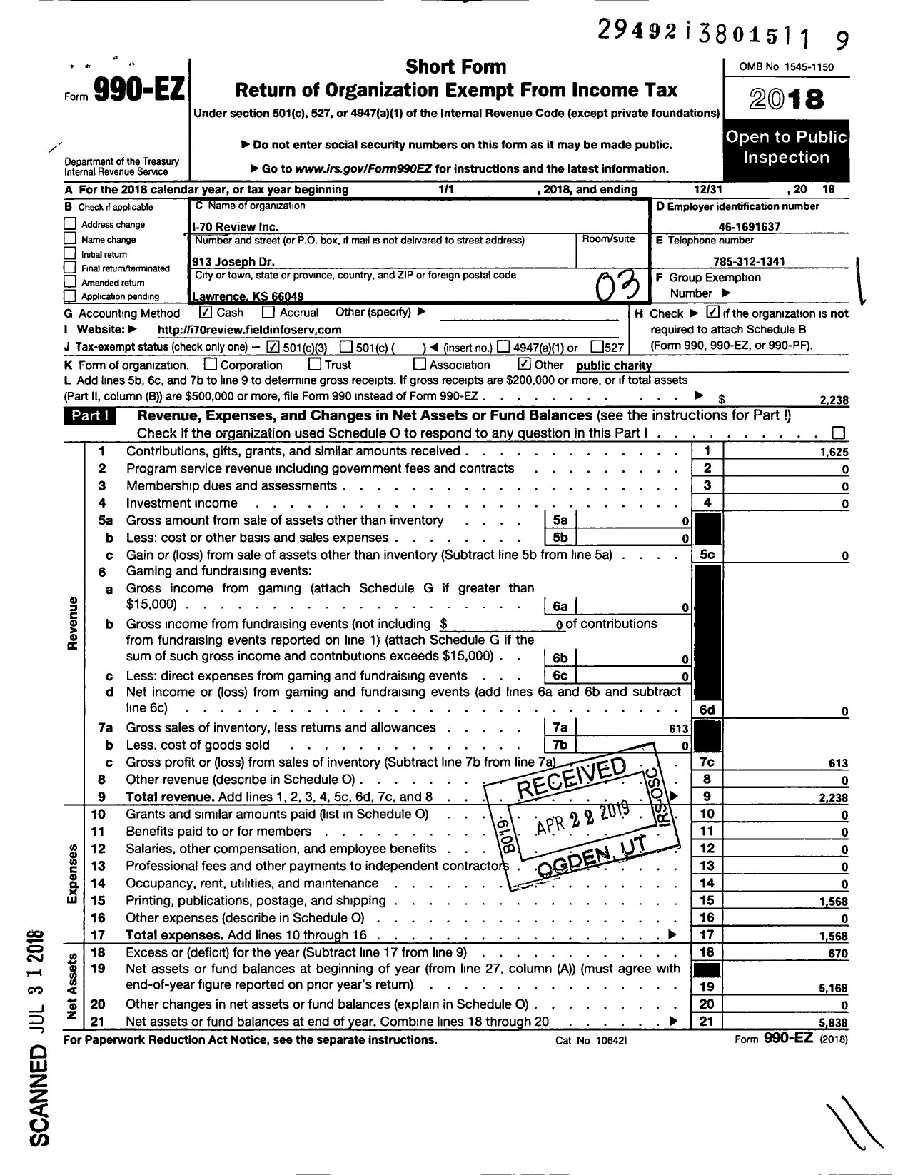 Image of first page of 2018 Form 990 for I-70 Review