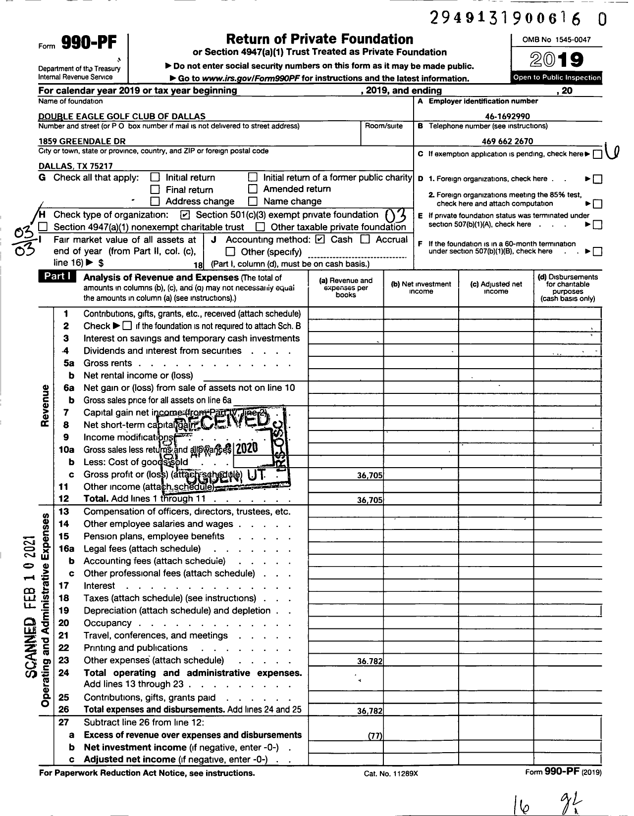 Image of first page of 2019 Form 990PF for Double Eagle Golf Club of Dallas