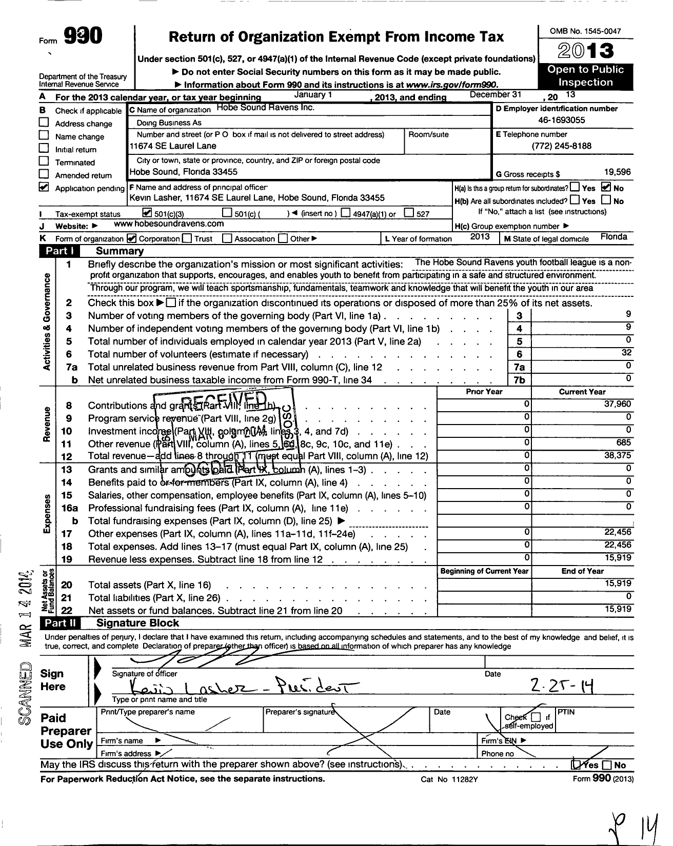 Image of first page of 2013 Form 990 for Hobe Sound Ravens