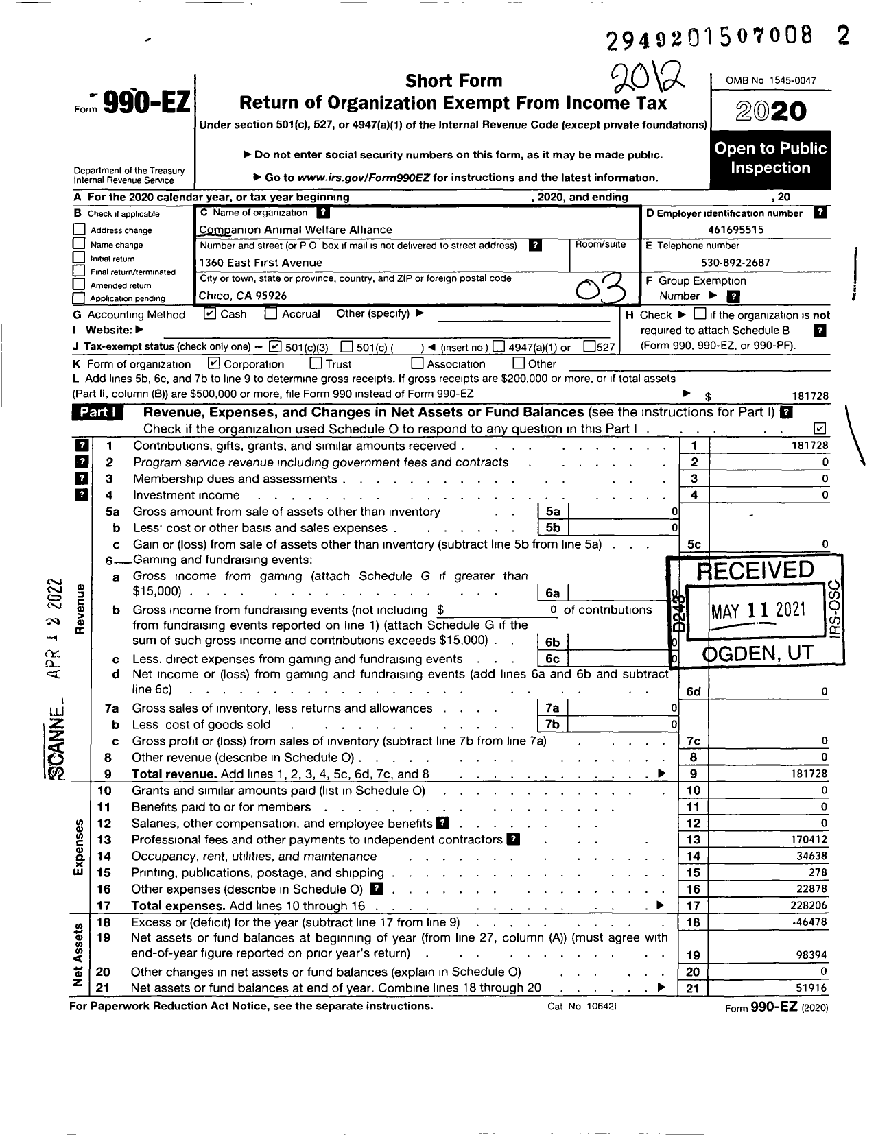 Image of first page of 2020 Form 990EZ for PawPrints Spay & Neuter Asstance PawPrints S&N Clinic Neighborhood Cat Advocates PawPrints Thrift Boutique