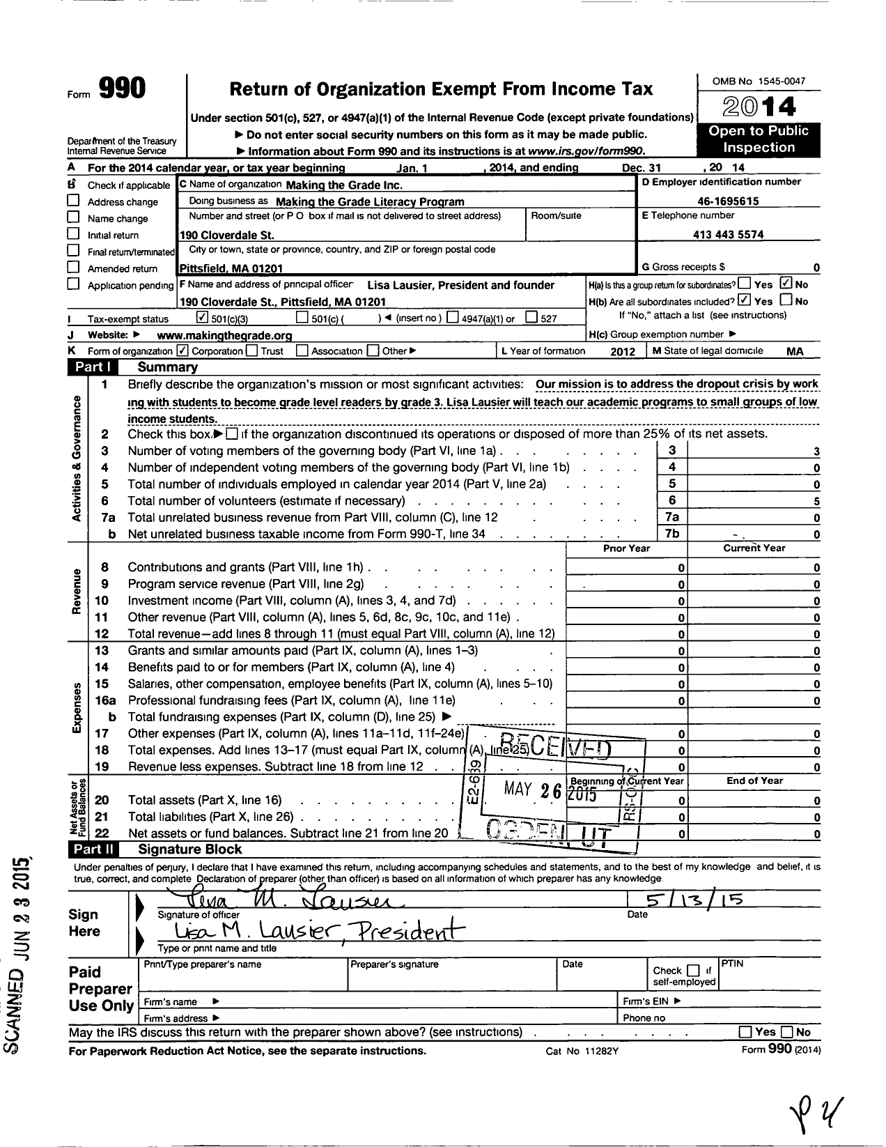 Image of first page of 2014 Form 990 for Making the Grade