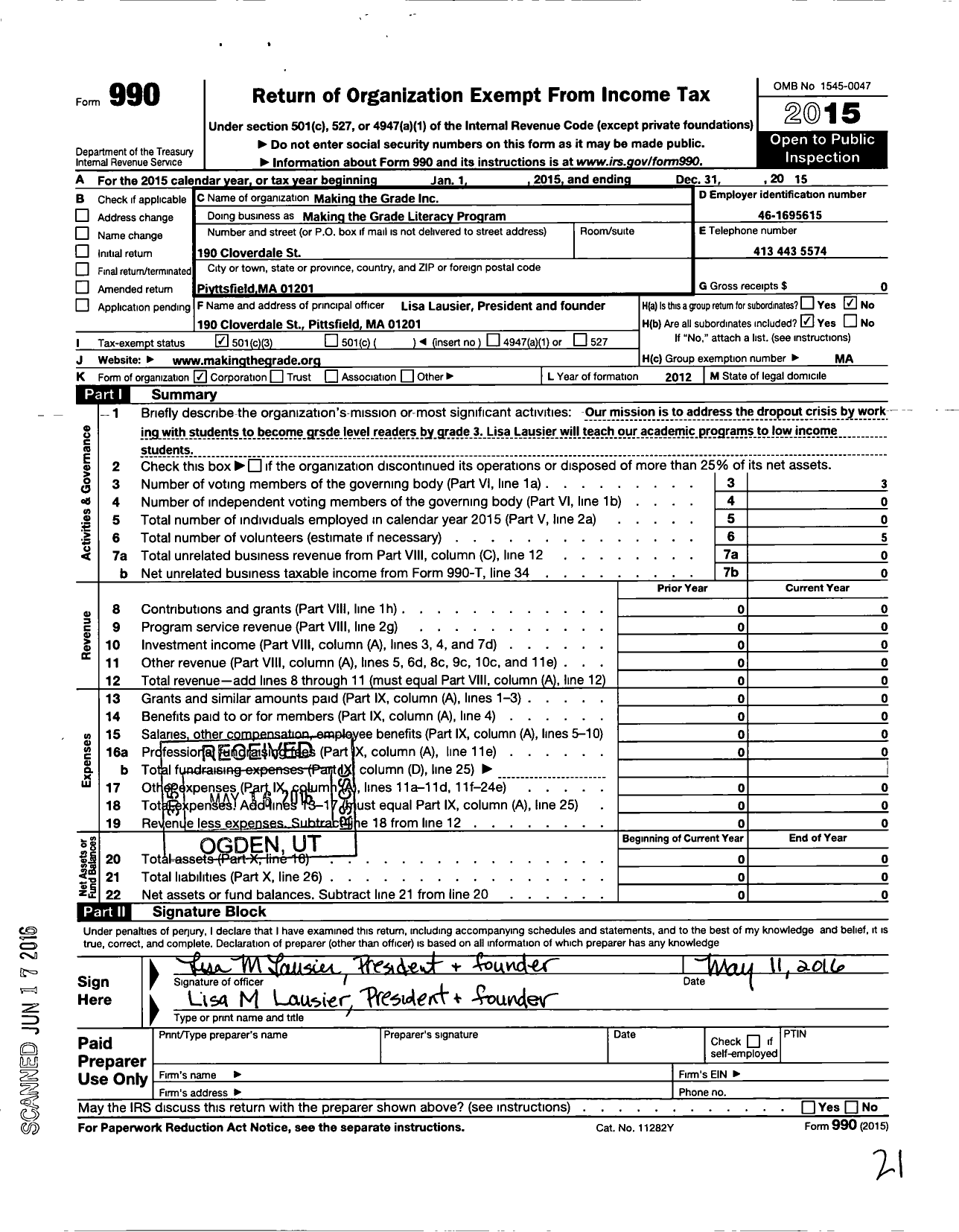 Image of first page of 2015 Form 990 for Making the Grade