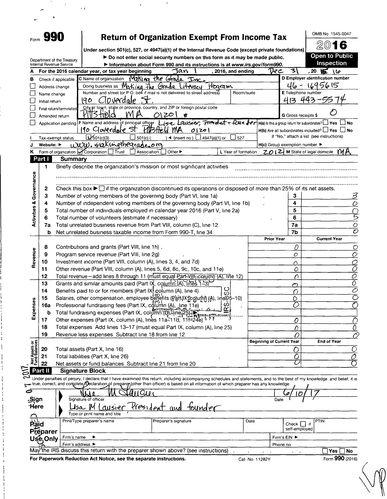Image of first page of 2016 Form 990 for Making the Grade