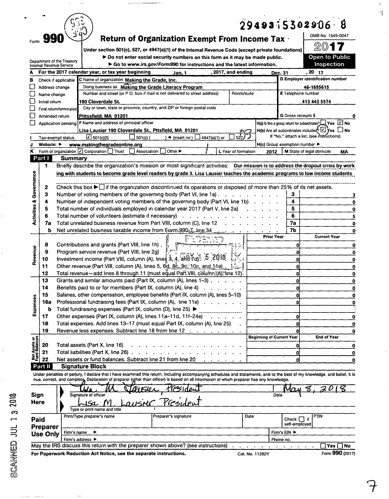 Image of first page of 2017 Form 990 for Making the Grade