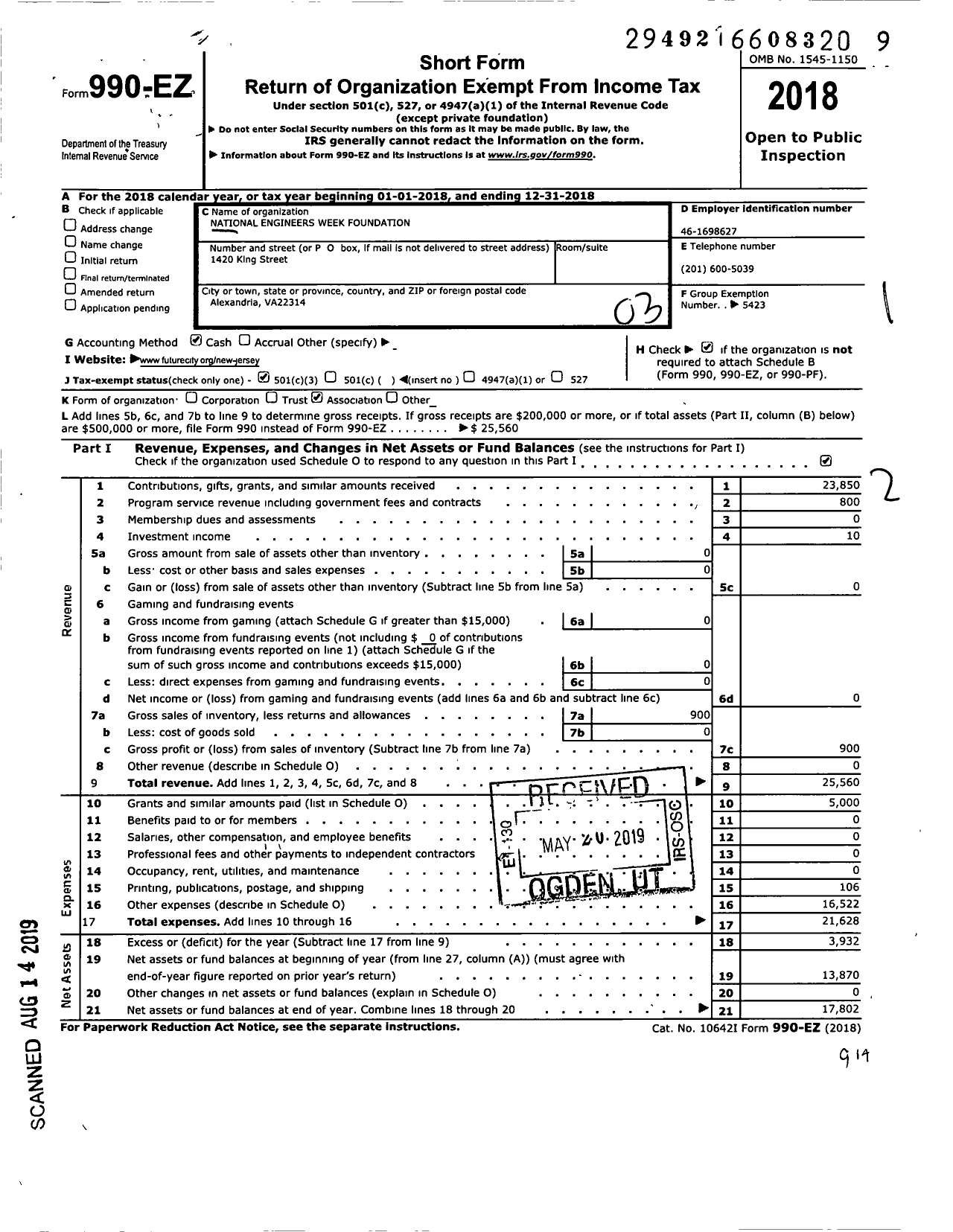 Image of first page of 2018 Form 990EZ for National Engineers Week Foundation