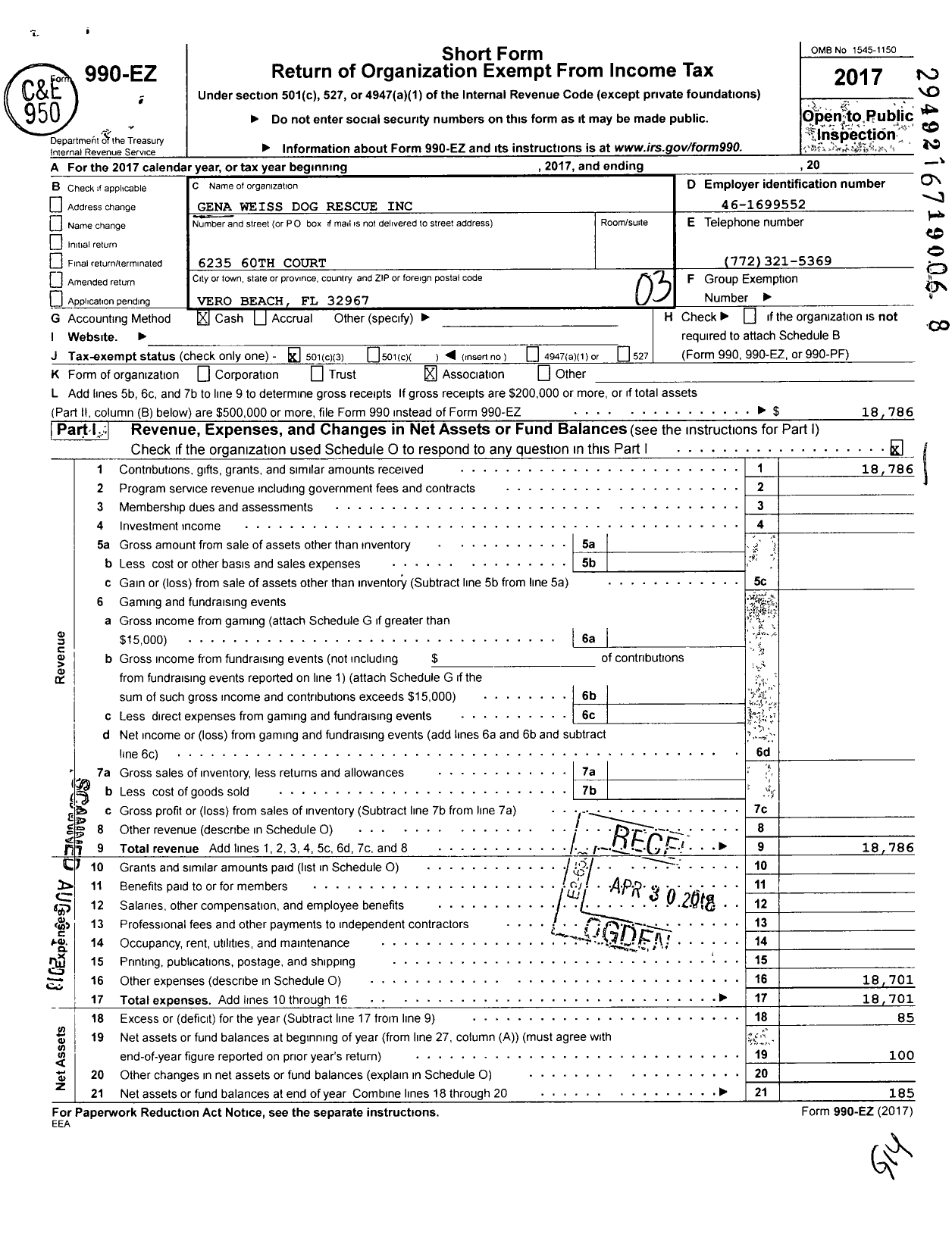 Image of first page of 2017 Form 990EZ for Gena Weiss Dog Rescue