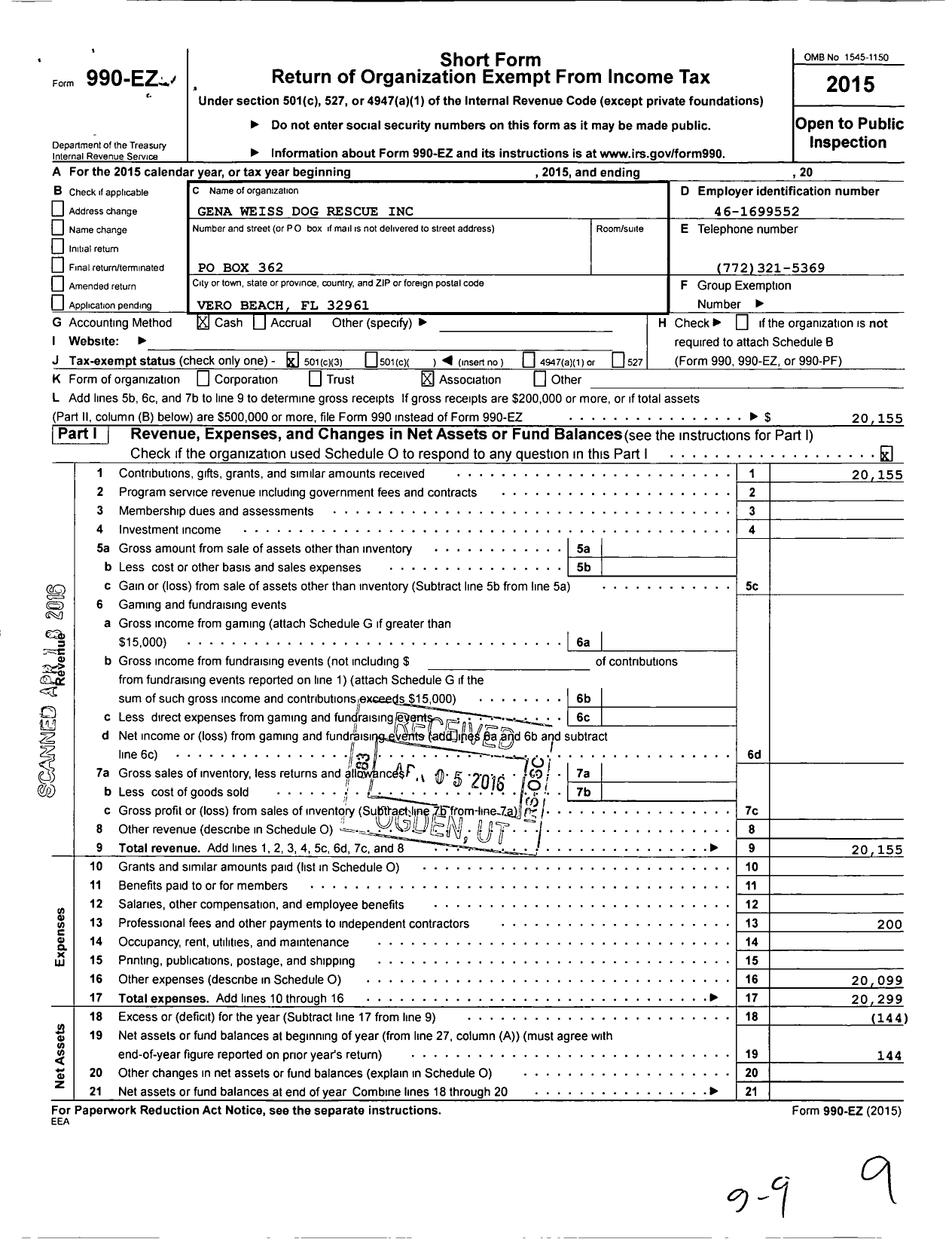 Image of first page of 2015 Form 990EZ for Gena Weiss Dog Rescue