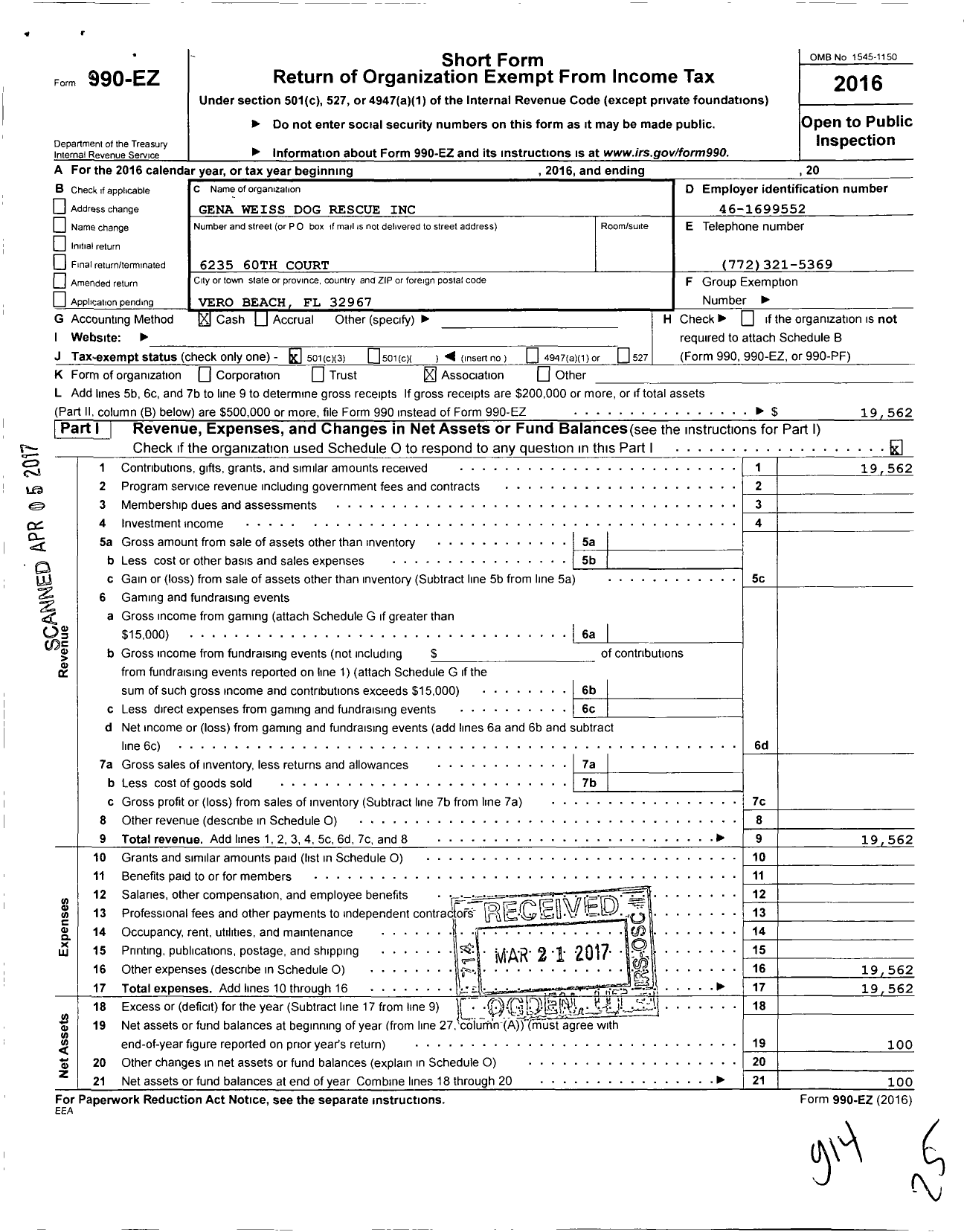 Image of first page of 2016 Form 990EZ for Gena Weiss Dog Rescue