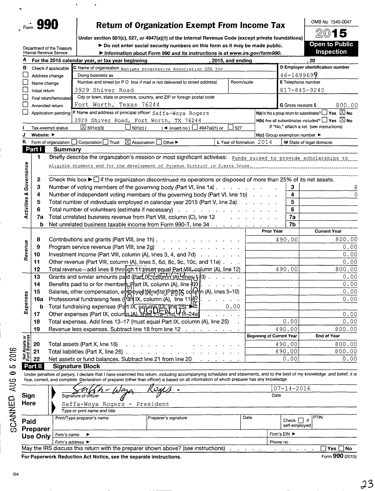 Image of first page of 2015 Form 990 for Wanjama Progressive Association USA