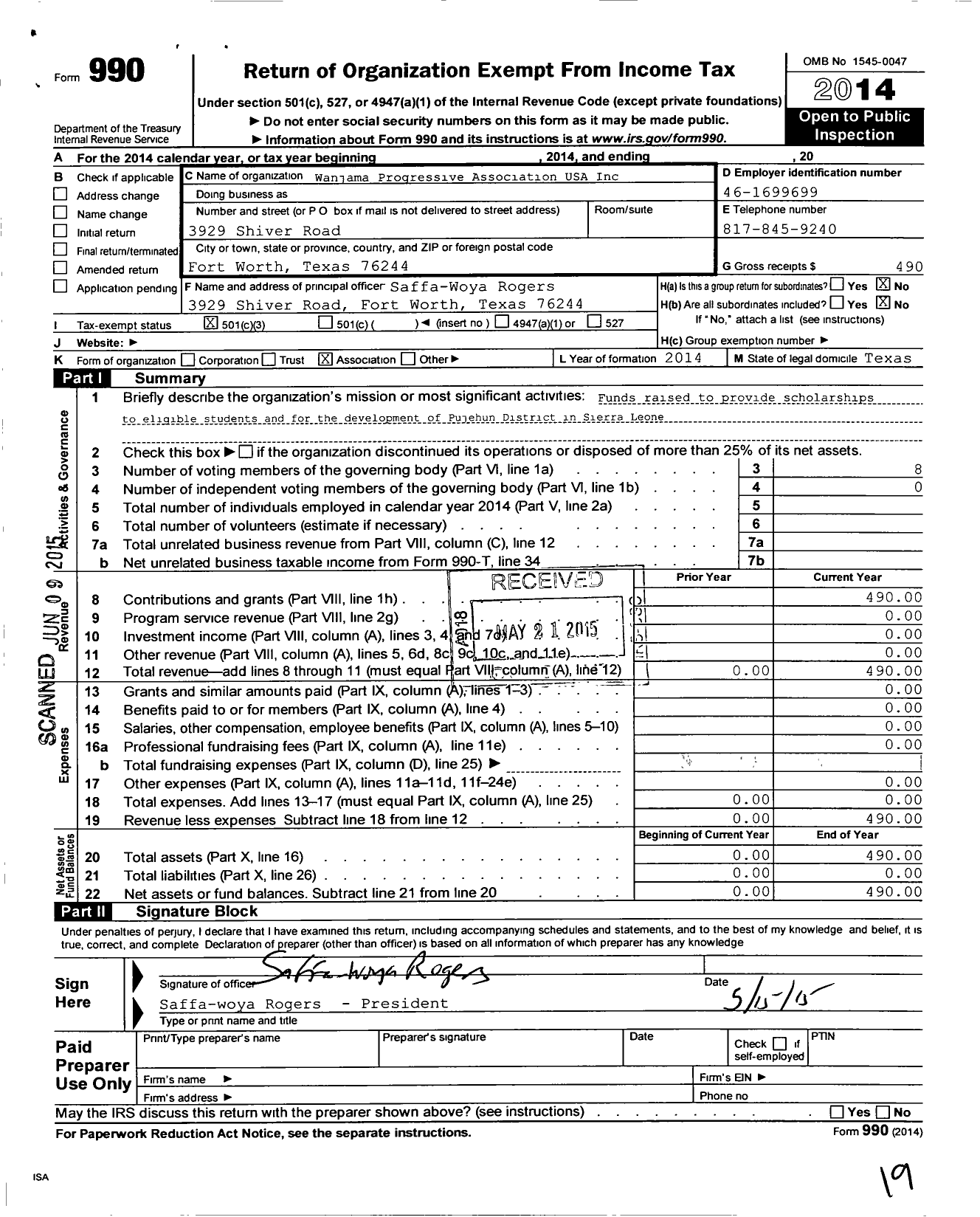 Image of first page of 2014 Form 990 for Wanjama Progressive Association USA