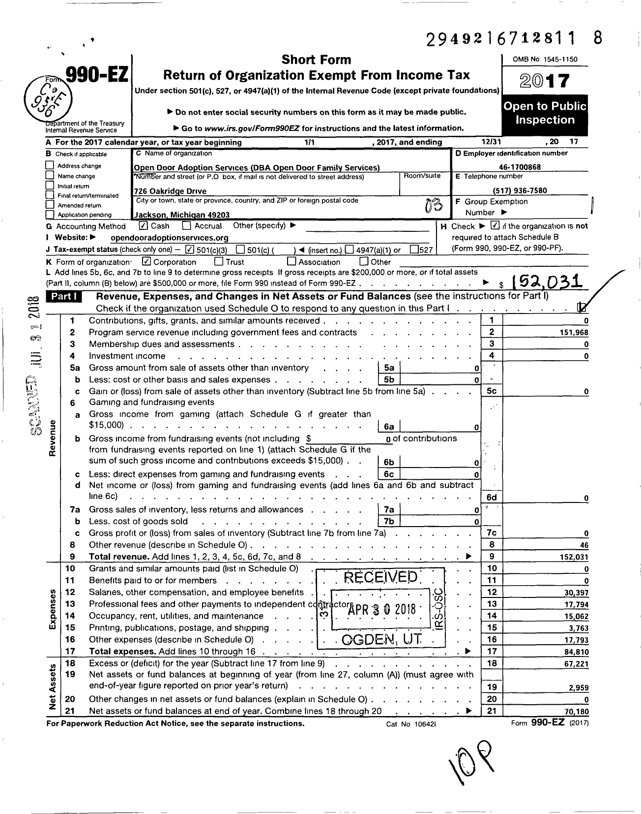 Image of first page of 2017 Form 990EZ for Open Door Family Services