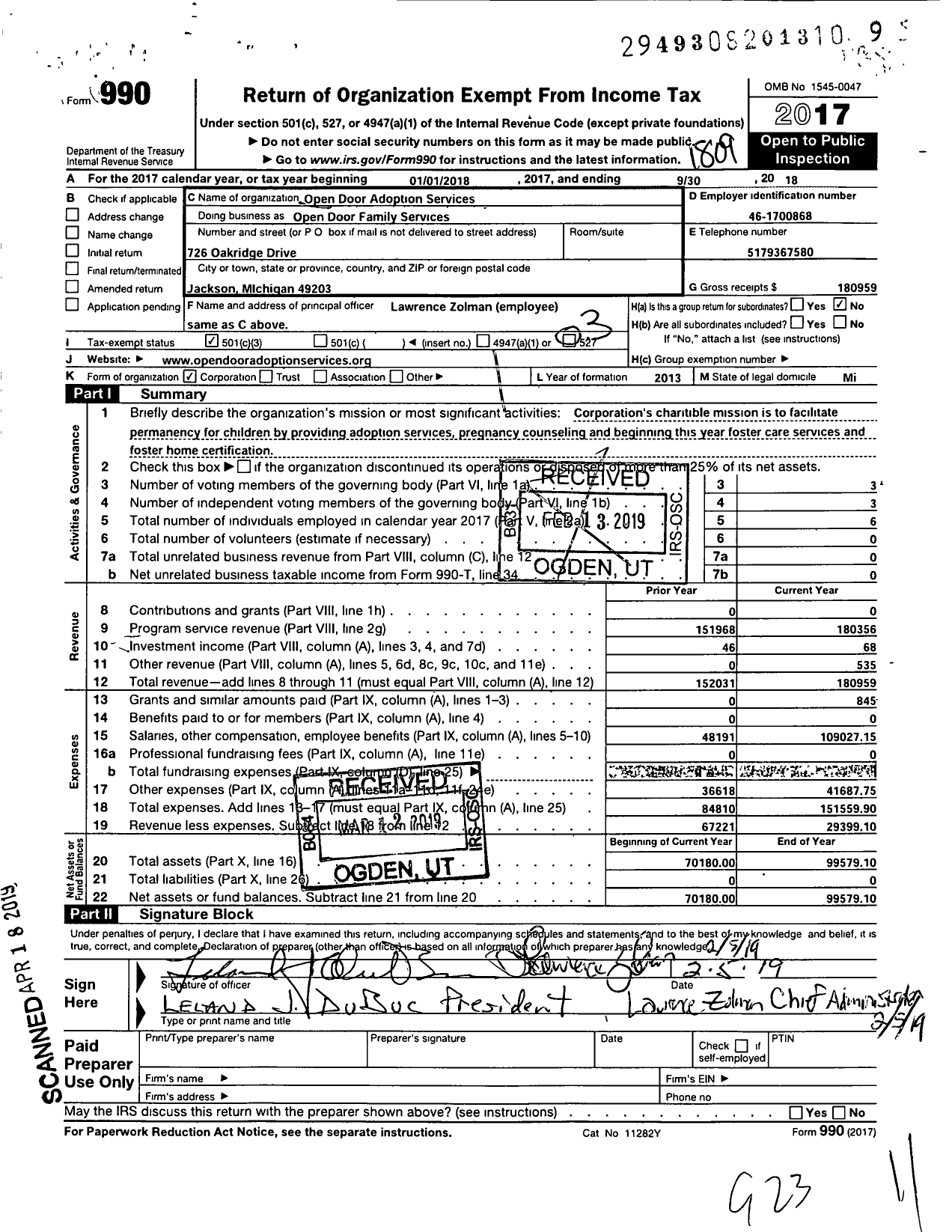 Image of first page of 2017 Form 990 for Open Door Family Services