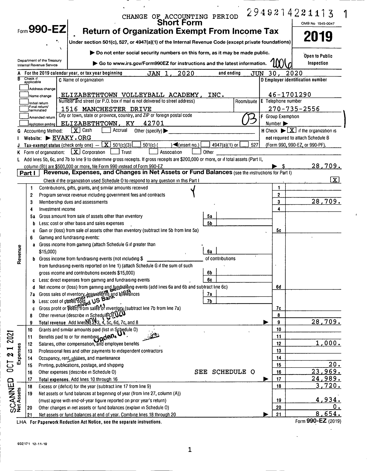 Image of first page of 2019 Form 990EZ for Elizabethtown Volleyball Academy