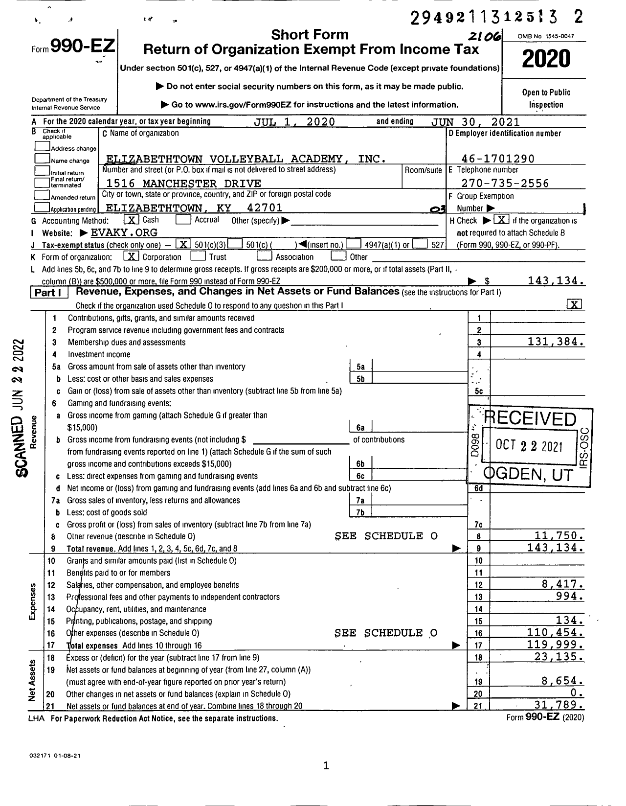 Image of first page of 2020 Form 990EZ for Elizabethtown Volleyball Academy