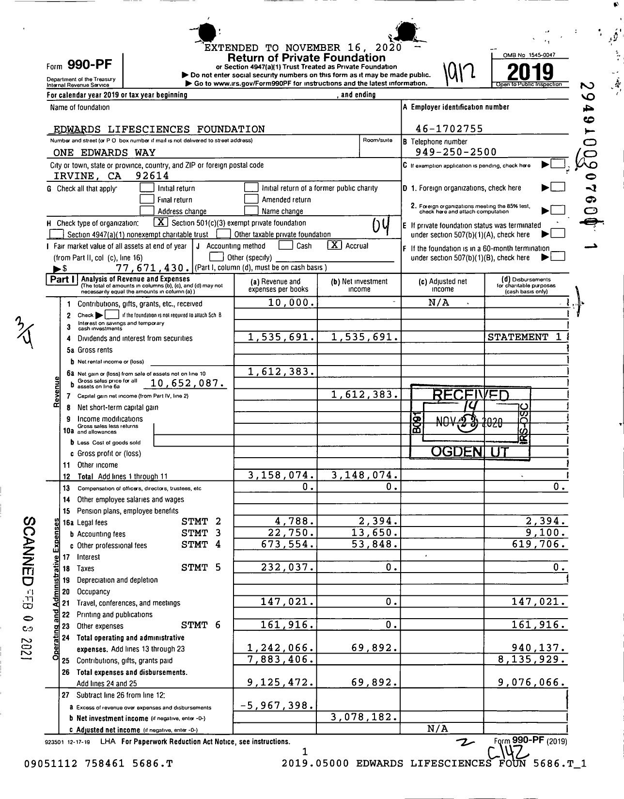 Image of first page of 2019 Form 990PF for Edwards Lifesciences Foundation