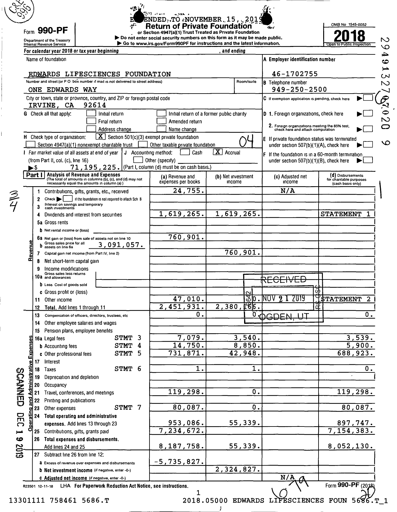 Image of first page of 2018 Form 990PF for Edwards Lifesciences Foundation