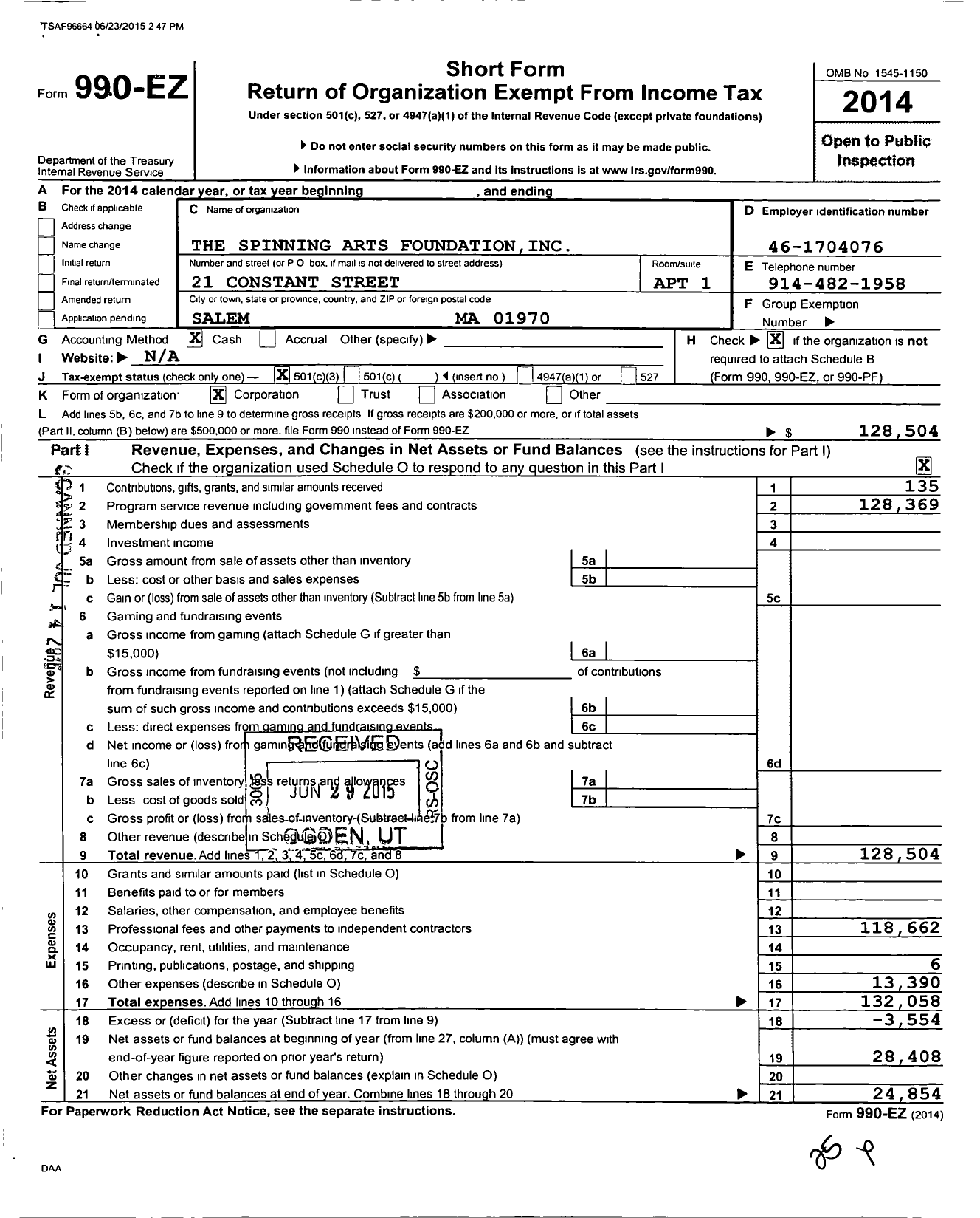 Image of first page of 2014 Form 990EZ for Spinning Arts Foundation