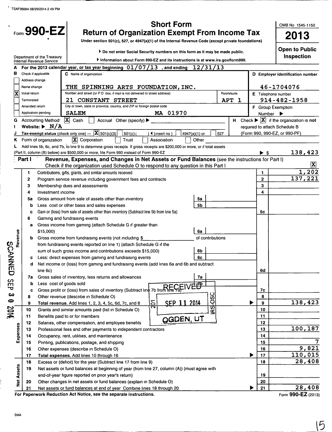 Image of first page of 2013 Form 990EZ for Spinning Arts Foundation