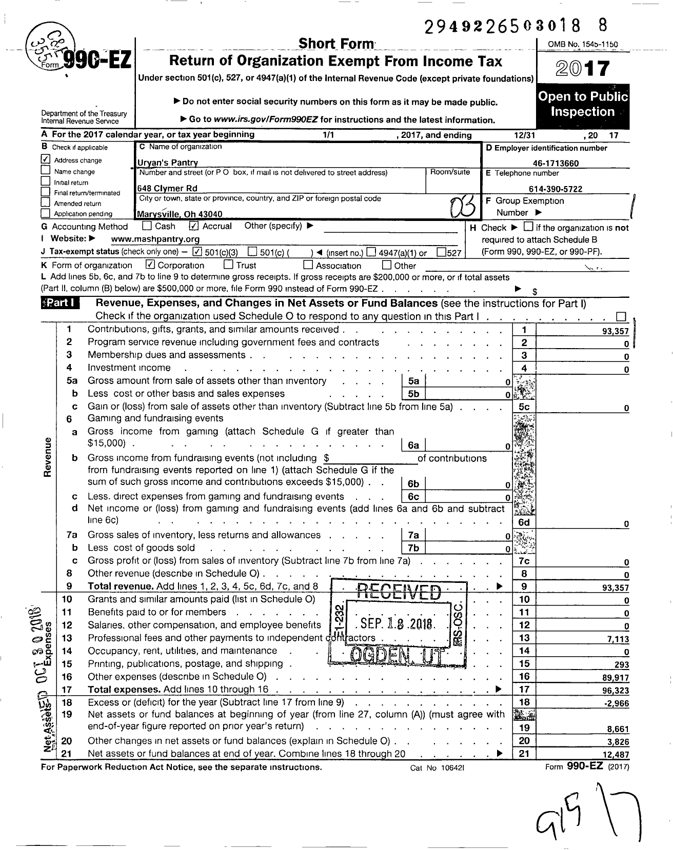 Image of first page of 2017 Form 990EZ for MASH and Resource Center